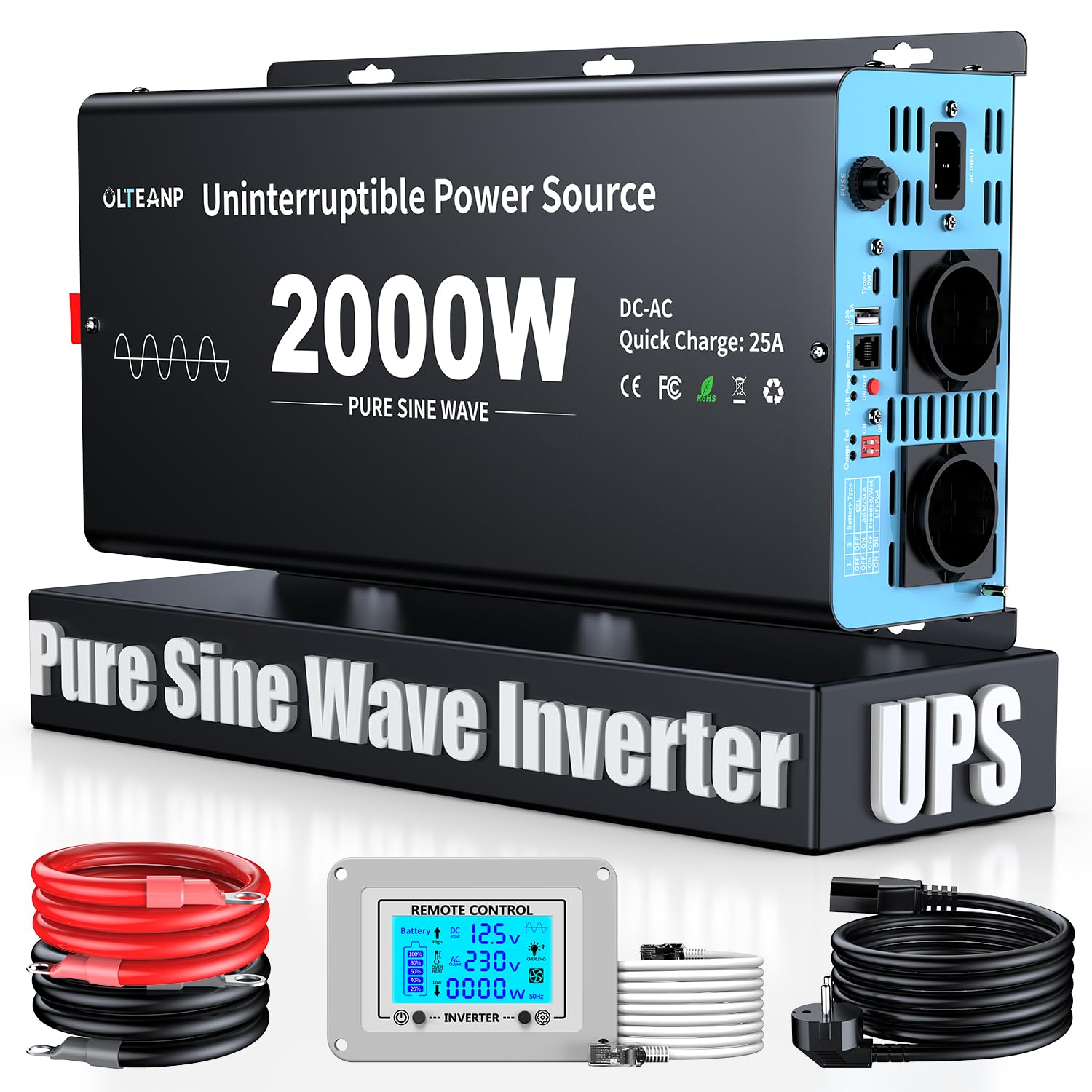 OLTEANP 2000W Wechselrichter12V auf 230V Reiner Sinus,Spannungswandler mit Netzvorrangschaltung und ladefunktion und USV Funktion,Fernbedienung mit LCD-Bildschirm, Automatische Umschaltung für Netz
