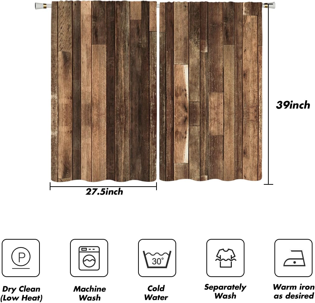 Brown Western Kitchen Curtains Mini 27.5''W x 39''L Farmhouse Antique Barn Door Rustic Country Wooden Men Board Short Small Cafe Room Rod Pocket Window Drapes Treatment Tiers Fabric 1 Pair