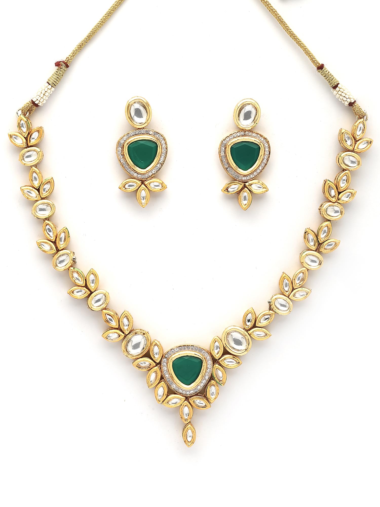 karatcart Gold Plated Green Polki Tumble Necklace Set for Women-picture-11