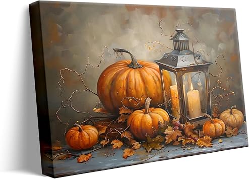 ART Halloween Pumpkins Canvas Wall Decor, Autumn Fall Pumpkins Lighted Thanksgiving Wall Aesthetic Vintage Poster Print Photo Wall for Indoor Bedroom Living Room Gallery Decor 20x30inch