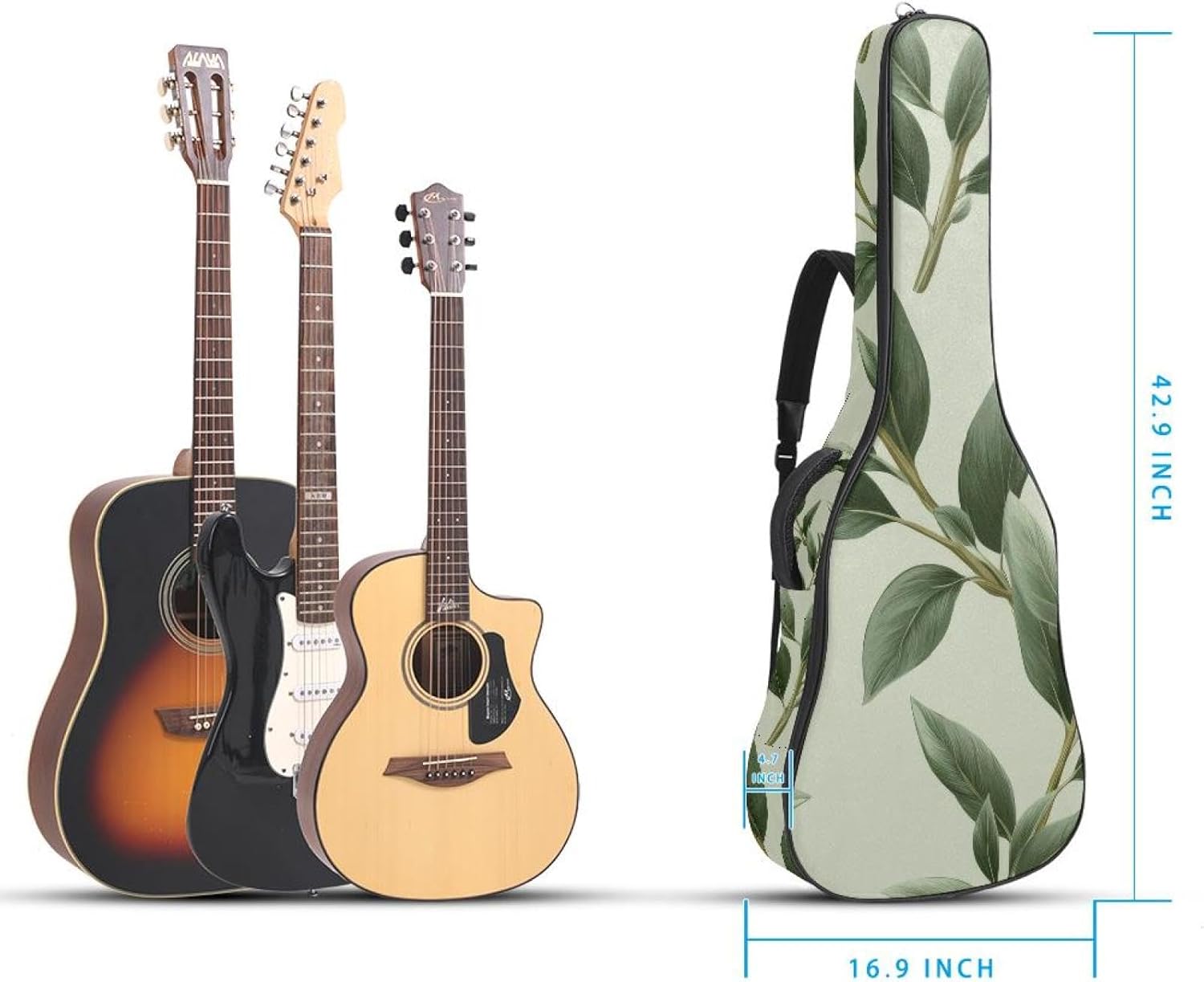 Leaves on a Neutral Light Sage Green Coloured Background Acoustic Guitar Gig Bag, 1 cm Thick Padding Waterproof Guitar Bag Backpack for 40 41 42 Inch Electric Bass Classical Guitars
