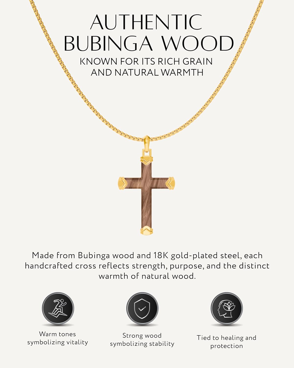 RTZN® Wooden Cross Necklace for Men – Premium Handcrafted Natural Ebony/Bubinga Mens Wood Cross Necklace Pendant with 3mm Stainless Steel Box Chain 22" + 2" Inch