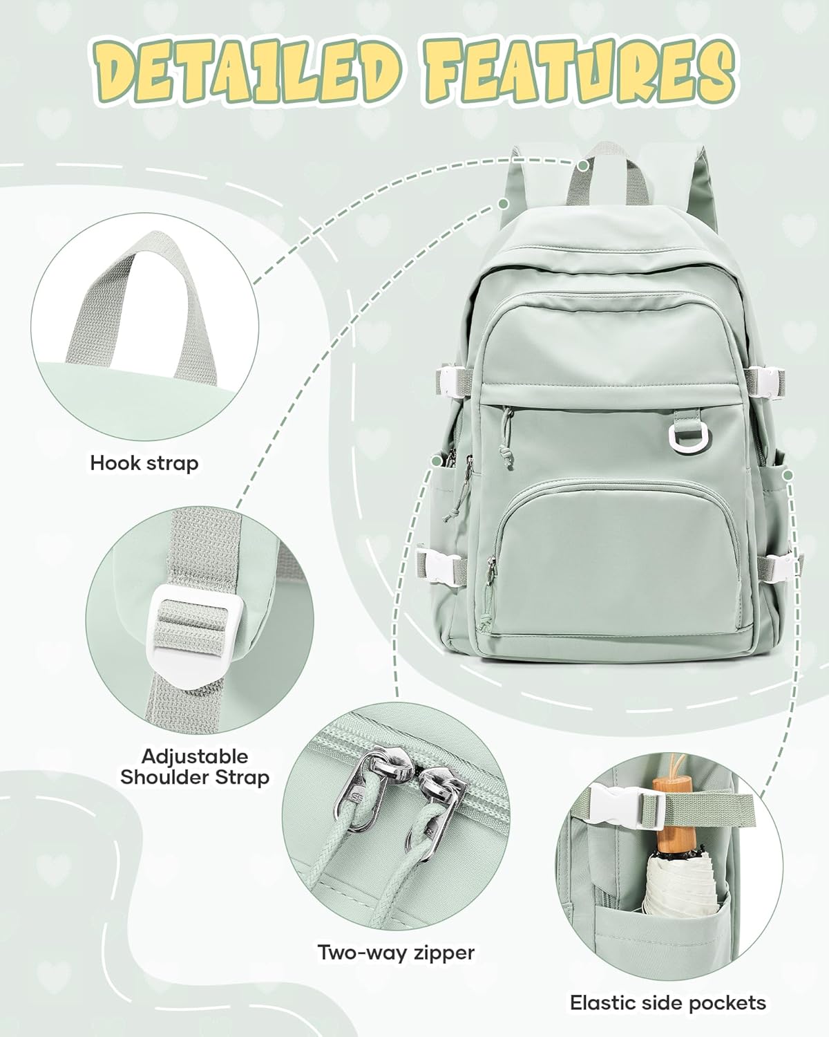 Lightweight Backpack for College & High School Backpack With Lots of Pockets Cute School Bag for Girls Boys, Large Capacity Bookbag for Women Men, Waterproof Teens Casual Daypack Backpack(Green) - Image 3