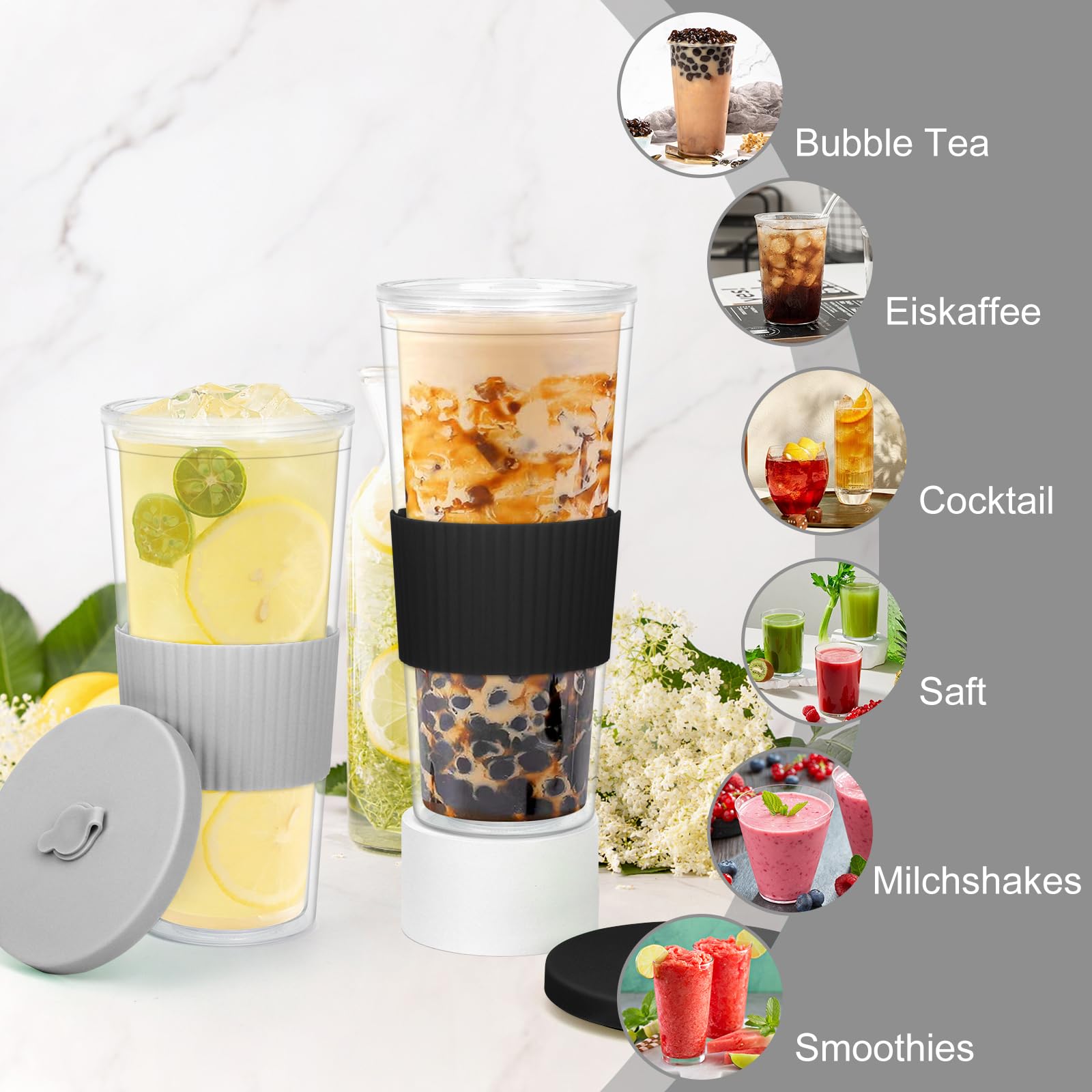 Consou Trinkglas 20oz 2er Set - Bubble Tea Becher Mit Deckel & Strohhalm