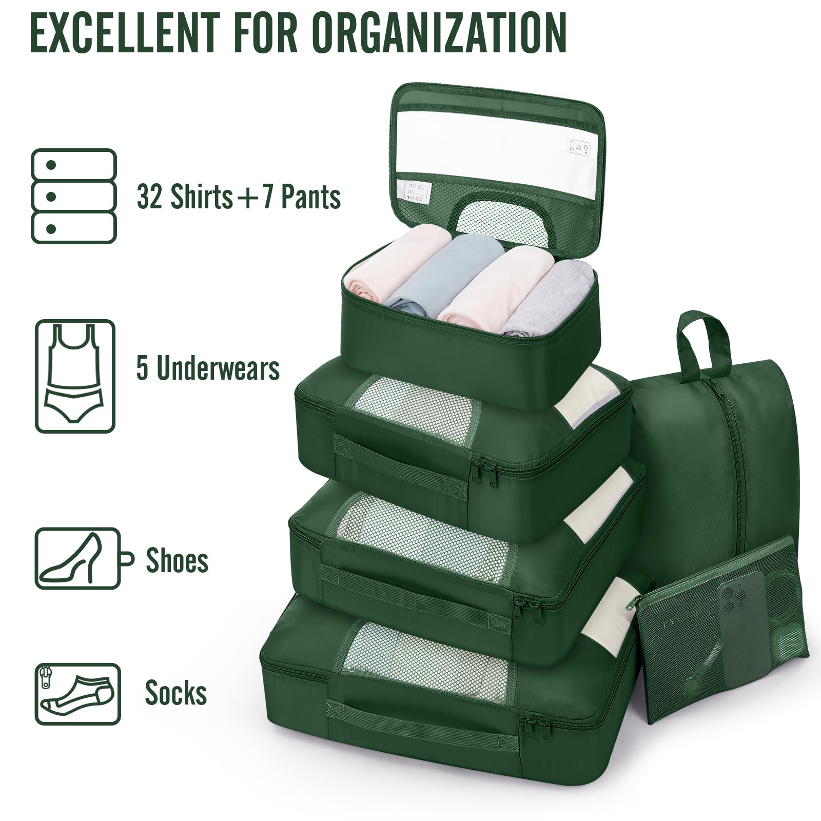 Veken 8 Set Packing Cubes for Travel Essentials,Anti-Wrinkle Buckled Suitcase Organizer for Shoe & Toiletry Bag,Carry On Luggage Bag with 99+ Count Mesh Holes for Airplane & College Dorm Accessories view 5