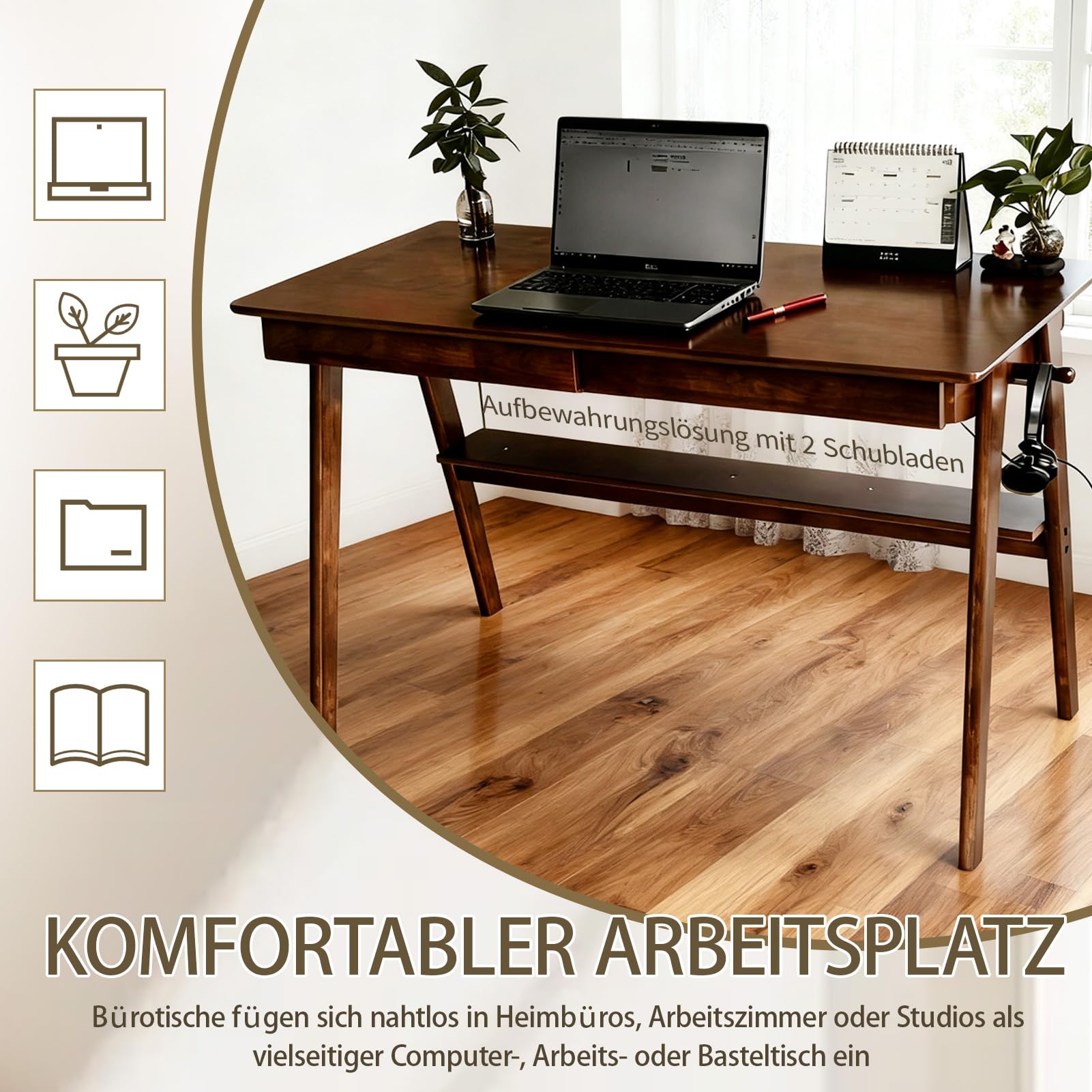 Eiche Schreibtisch mit Schublade 100x60cm Walnuss | Eiche Massivholz Schreibtisch, 2 Schubladen + Hakenleiste, 100x60cm