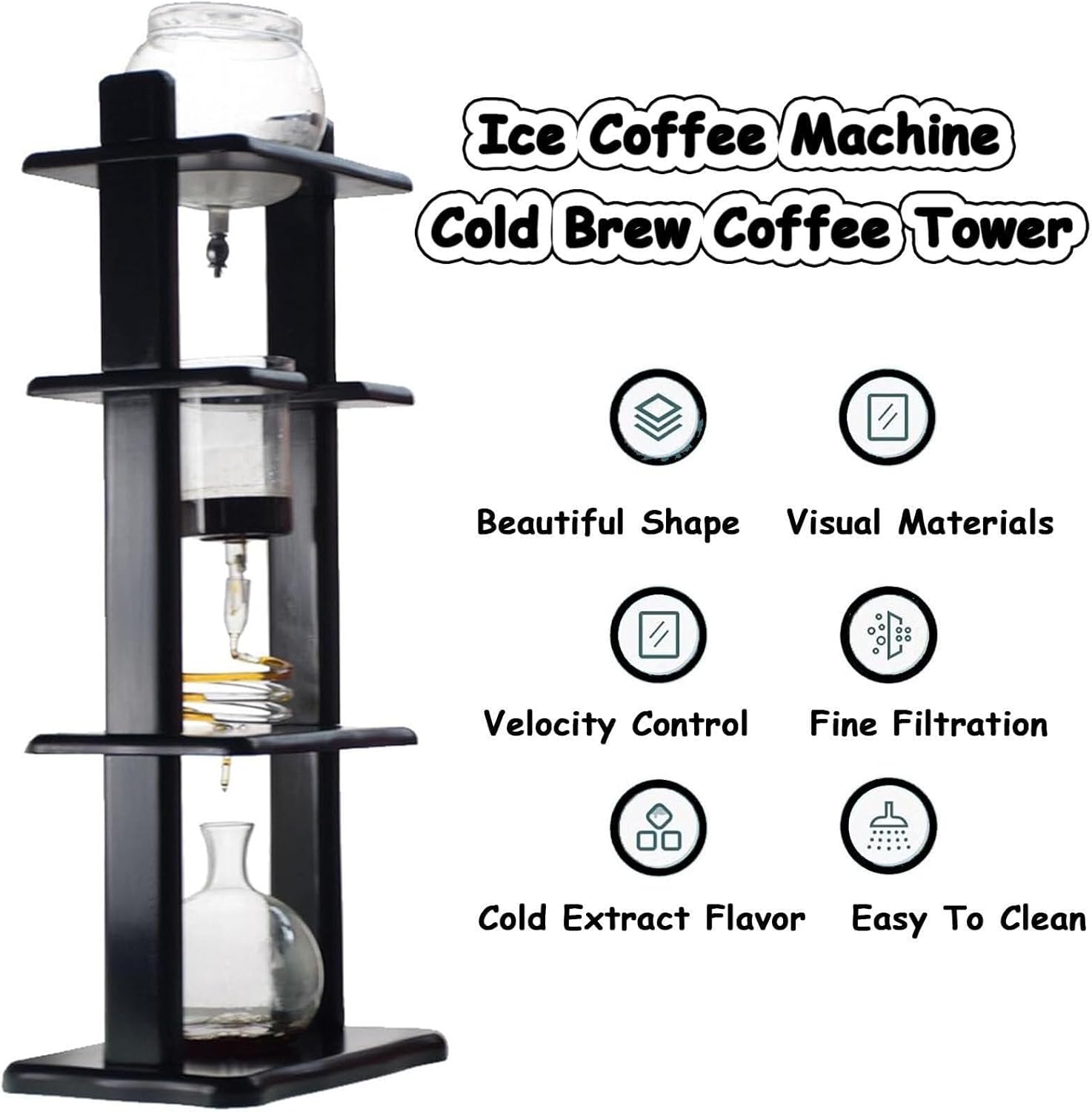 Ice Drip Coffee Maker, Cold Brew Drip Coffee Pot, Pine Wood Glass Tower with Adjustable Dripper for Home Commercial Use