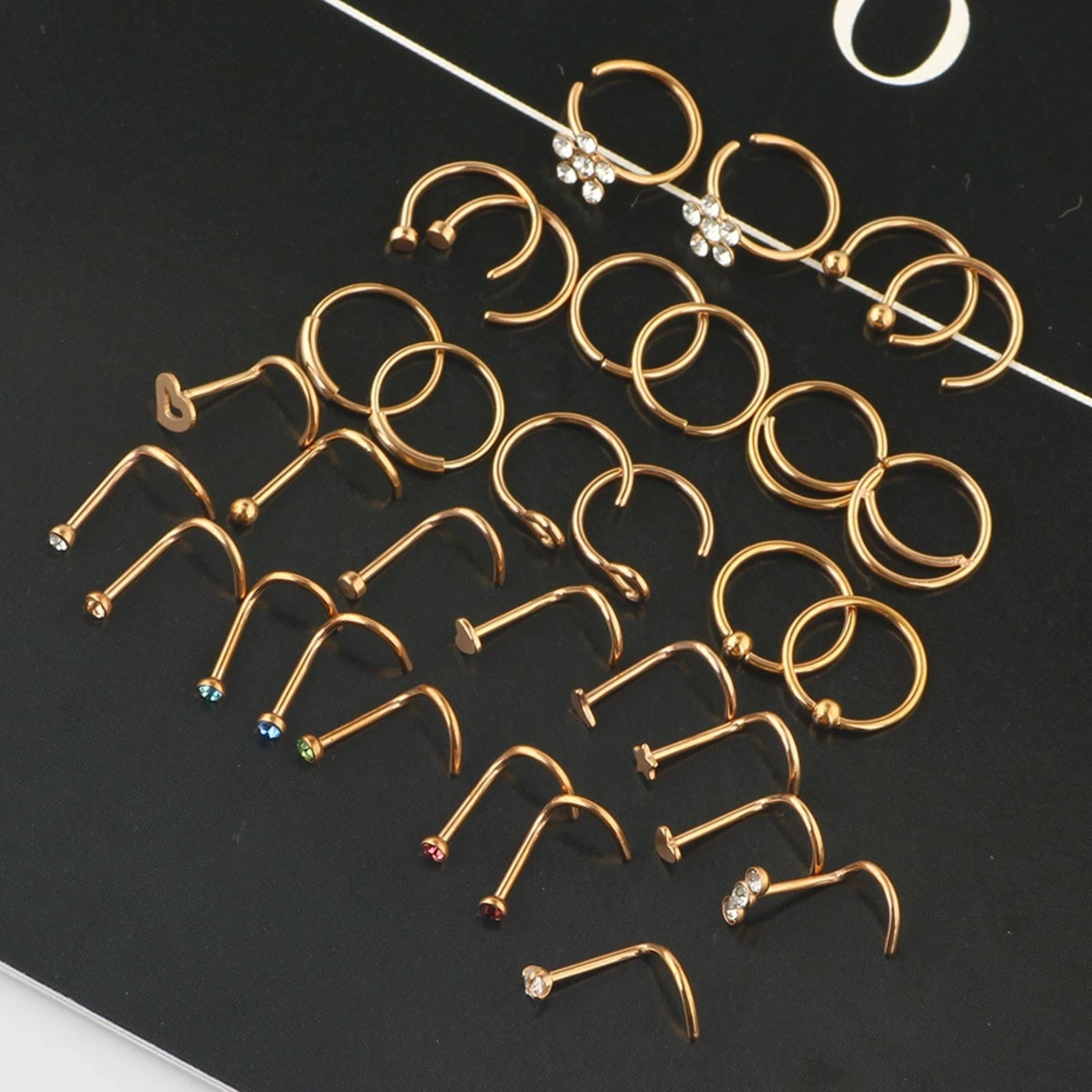 Kolczyk do nosa, biżuteria do piercingu wieży, stal chirurgiczna, 32 szt., grubość 0,8 mm, różowe złoto, cyrkonia, kolczyki i obręcz, gwiazda, serce, biżuteria, prezent, Stal nierdzewna,