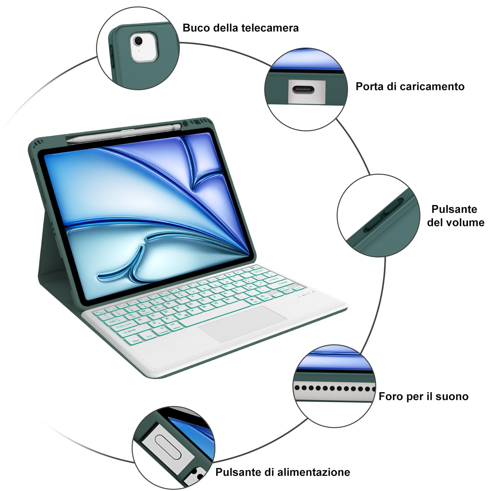 Custodia Tastiera per iPad Air 13 M4 2026/M3 2025/M2 2024 con Touchpad, Bluetooth Magnetica Staccabile, Cover Italiano QWERTY Retroilluminate Tastiera per iPad Air 13 Pollici M4/M3/M2, Verde scuro