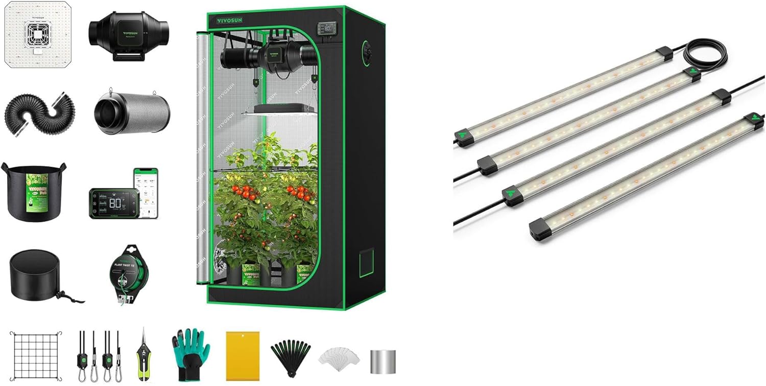 VIVOSUN GIY Smart Grow Tent System 2.7x2.7 and LumaRay Side Lighting Bars (4-Bar), Full Spectrum LED Grow Lights for Grow Tents, Greenhouses, SGS Compatible