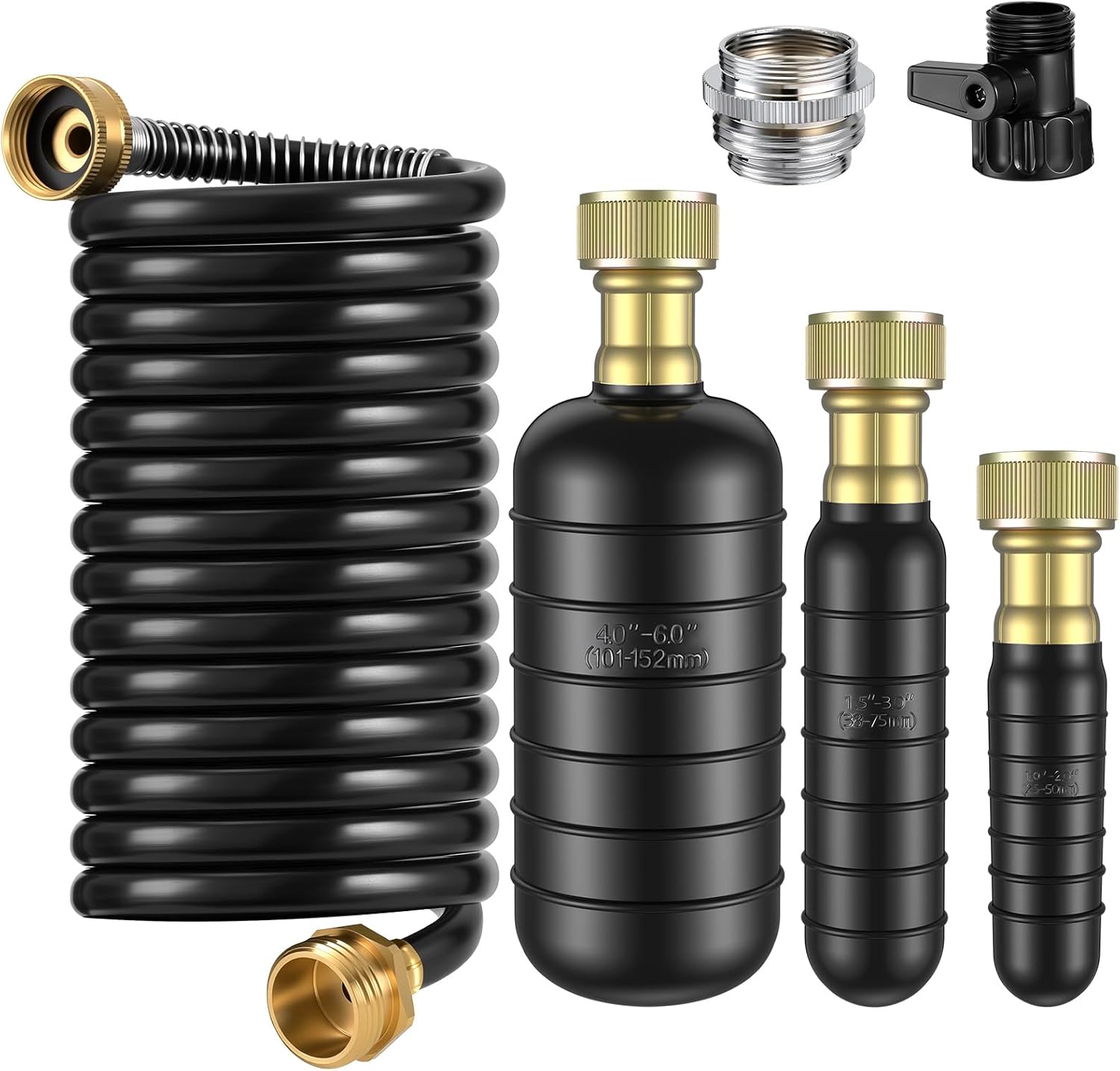 3 Pcs Drain Bladder Kit, Drain Cleaning Bladder Fits 1" to 6" Pipes, with 10 ft Retractable Hose, Shut-Off Valve & Brass Faucet Adapter Fits Most Faucets– For Sinks, Showers, Pools & Drains (Black)