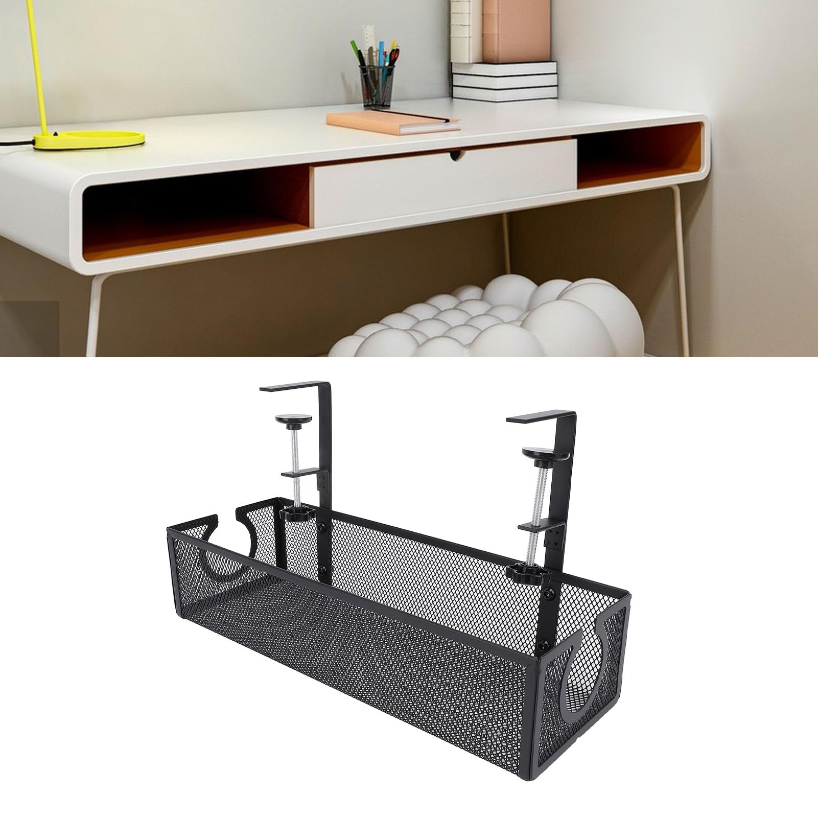 SIXRUN Vassoio Gestione Cavi Sotto la Scrivania, Organizer per Cavi da Scrivania in Acciaio Al Carbonio con Fori Laterali Rotondi, Design Trapezoidale, Clip Antigraffio per Studio, Ufficio, Casa,