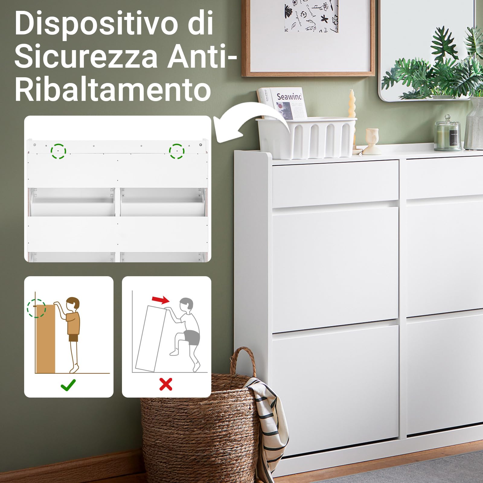 SoBuy Scarpiera Salvaspazio con 4 Ante Ribaltabili e 2 Cassetti, Grande Capacità, Mobile Scarpiera per Ingresso e Corridoio, Ideale per Piccoli Appartamenti - Design Moderno, 98x19x95cm – FSR169-W