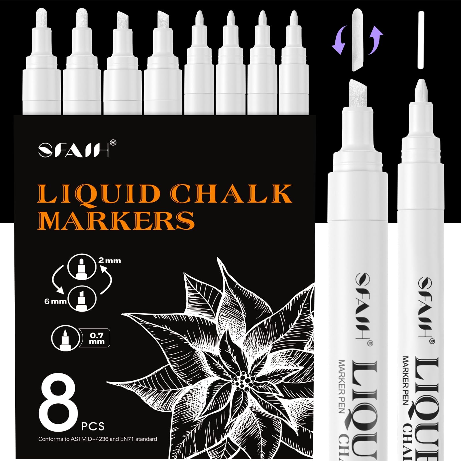 White Liquid Chalk Markers for Blackboard, Glass - [Wet Wipe No Residue] 8 Pack- (4x) 2mm/4mm Reversible & (4x) 0.7mm Fine Tip, Ultra Flow Triple-Tips - Menu, Bistro, Signs, Windows, Food Labels