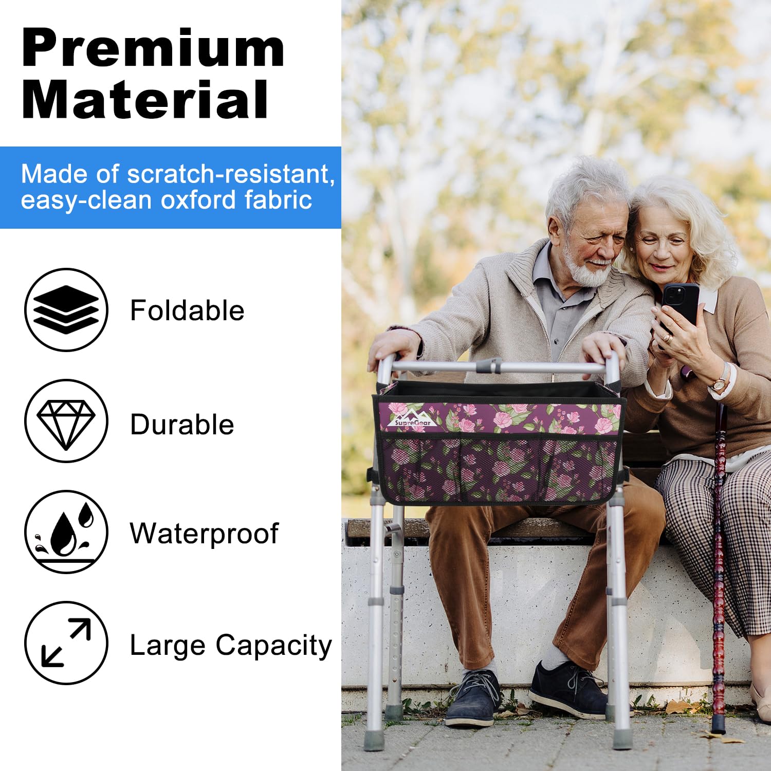 supregear Cesta plegable para andador con portavasos, gran capacidad, manos libres, no compatible con rollator, Floral Púrpura