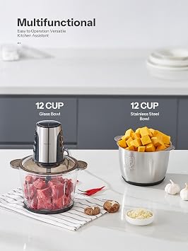 Food Processors with 2 Large Bowls (3L+3L), Mini Chopper Electric Food Chopper, 2 Speed, 1 Bi-Level Blades, Meat Mincer 500W Copper Motor for Baby Food, Meat, Onion, Vegetables, Nut
