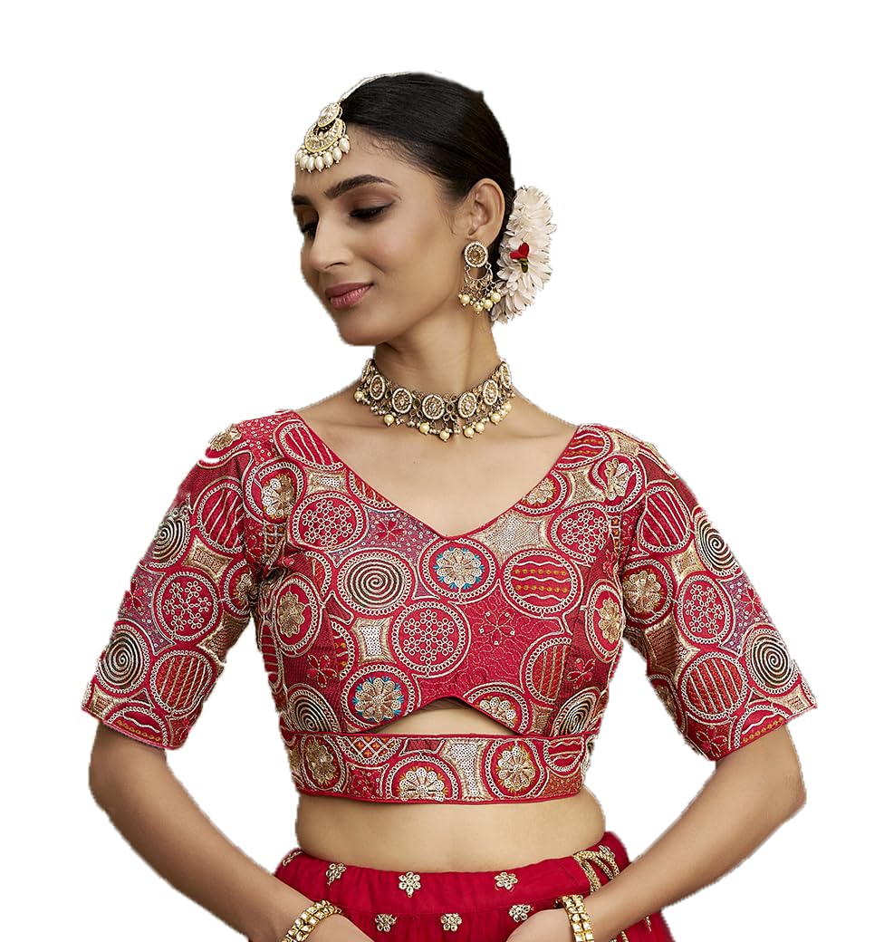 Pujia Mills Women's Blouse Readymade Blouse Embroidery Multi Coding Gold Thread Blouses Handwork Red Color Readymade Saree Blouse For Women For Saree And Lehenga Choli (A2420 Red 36)