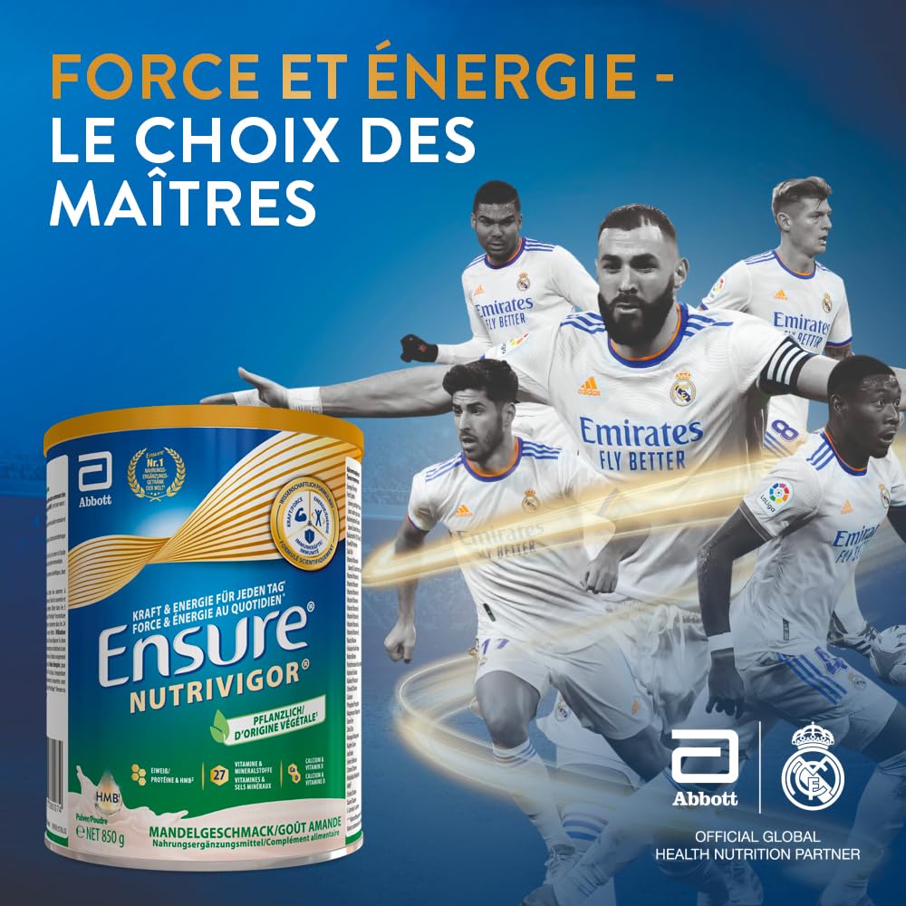 Ensure NutriVigor d'origine végétale - Complément alimentaire avec protéine, HMB et 27 vitamines et minéraux, y compris la vitamine C, le magnésium et le zinc - Saveur amande - 1 x 850g
