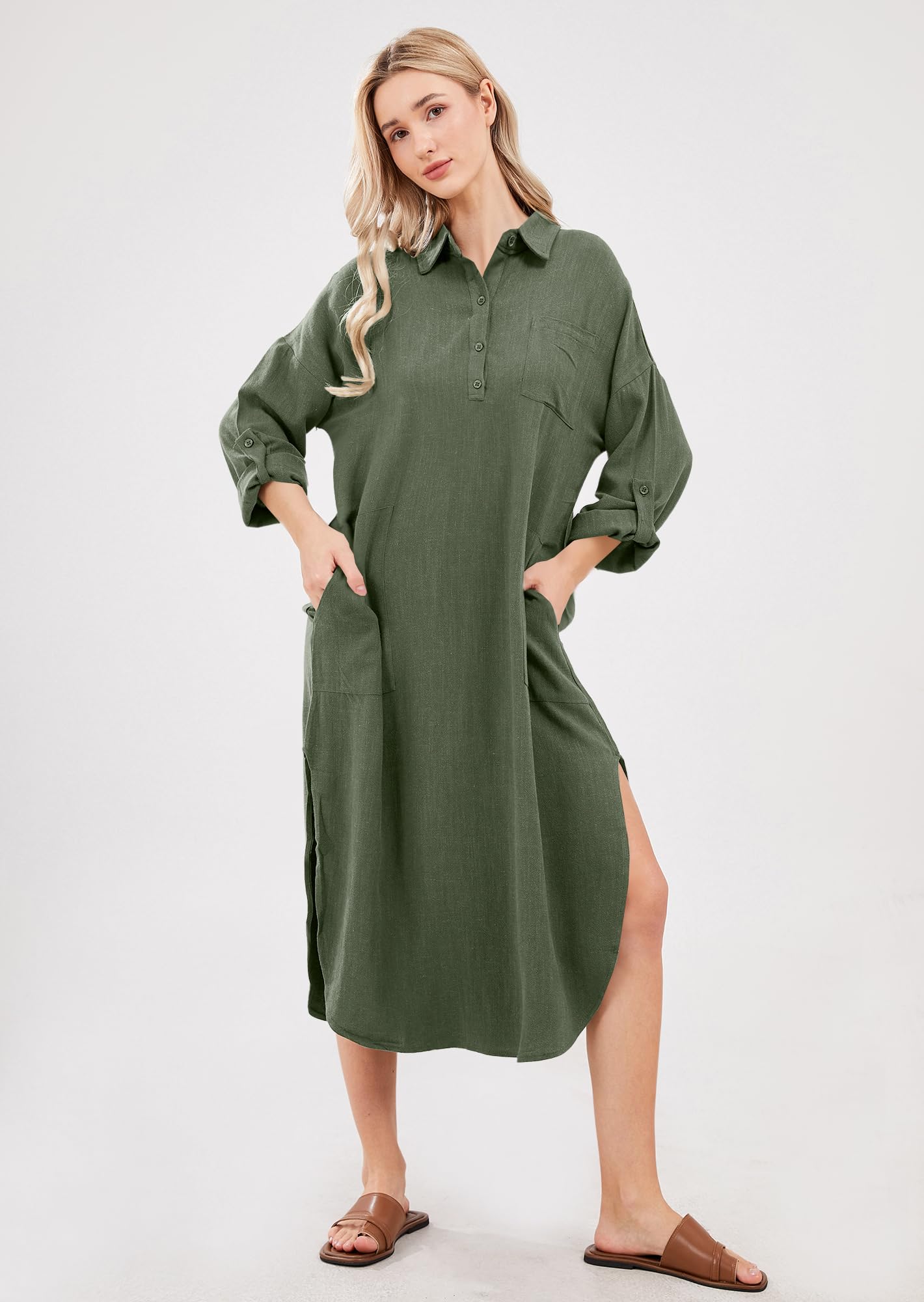 utcoco Vestido camisero largo de mujer, informal, holgado, de algodón y lino, con solapa abotonada, mangas con puños, abertura lateral y bolsillos