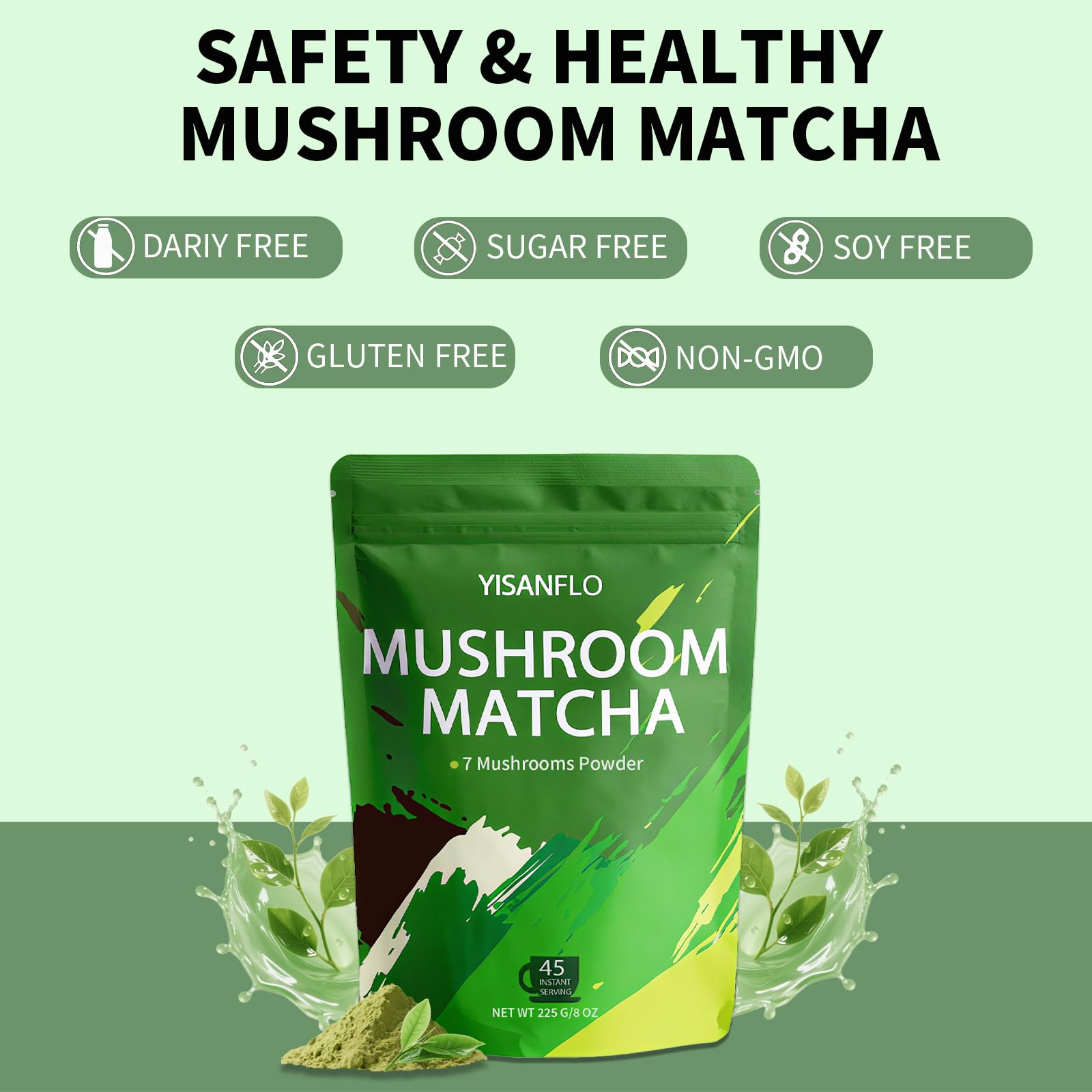 YISANFLO 7-in-1 Mushroom Matcha for Energy Focus Digestion Immunity Turkey Tail Shiitake Lions Mane Ceremonial-Grade Matcha Mushroom Powder — view 7