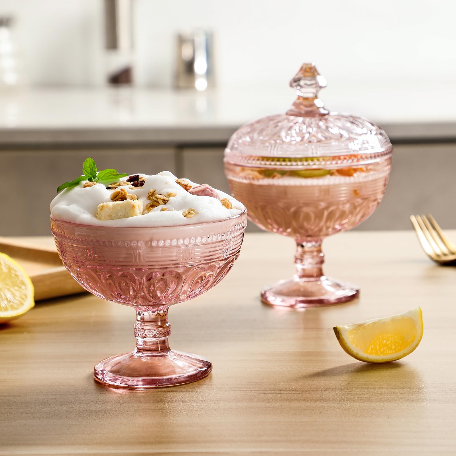 Ciotola Dessert In Vetro Vintage Rosa Con Coperchio E Piedistallo - 170g Per Gelato E Parfait