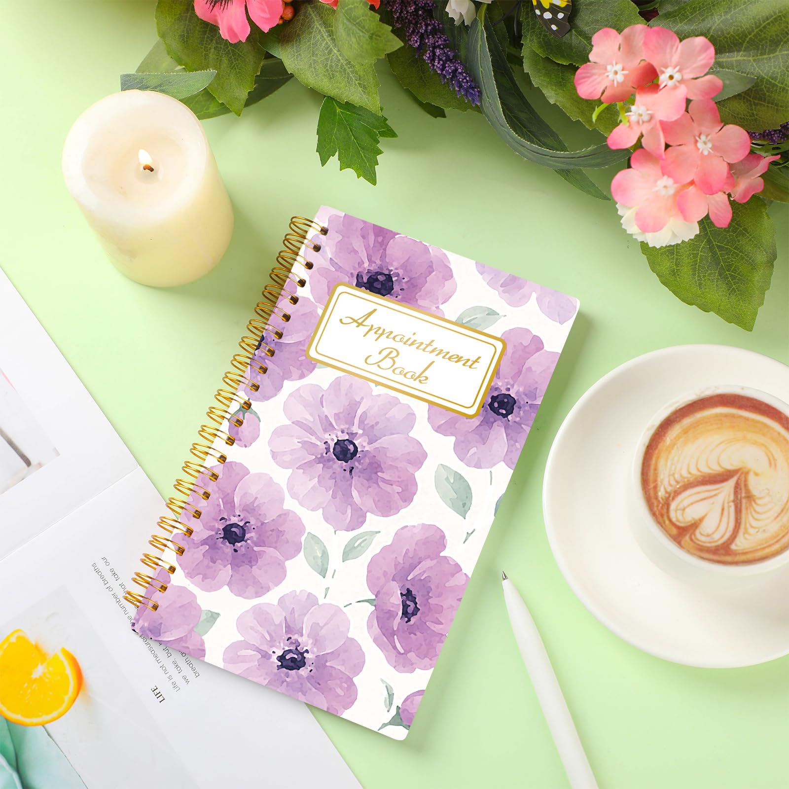 ReliThick Salon-Terminkalender, 12 x 20 cm, 2025, Taschen-Wochenplaner, Mini-Größe, Blumen-Kalender, Terminbuch, 108 Seiten, 53 Wochen, für Frauen, Arbeit, Geschäft (lila Blumenmuster)
