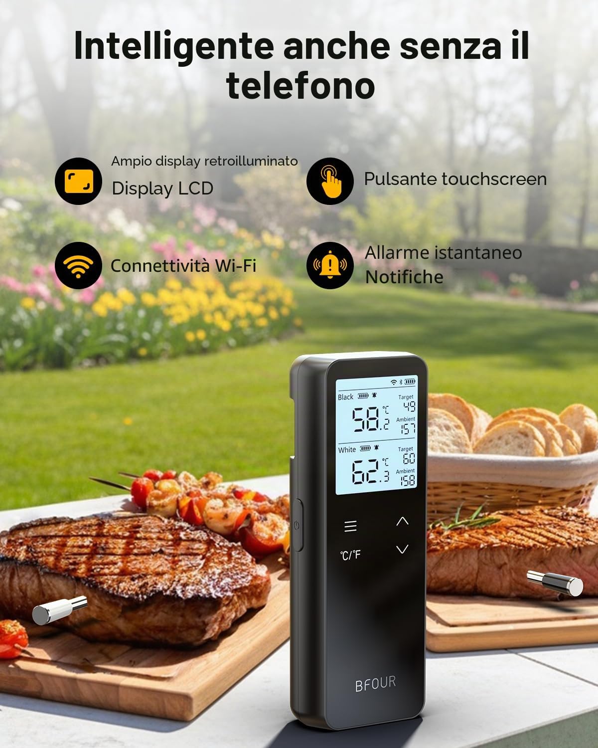 BFOUR BF-80 Termometro per carne senza fili con Bluetooth e WLAN, termometro per barbecue con 2 sonde, 6 sensori, IP67 impermeabile, pulsante touch, controllo tramite APP, termometro per arrosti per