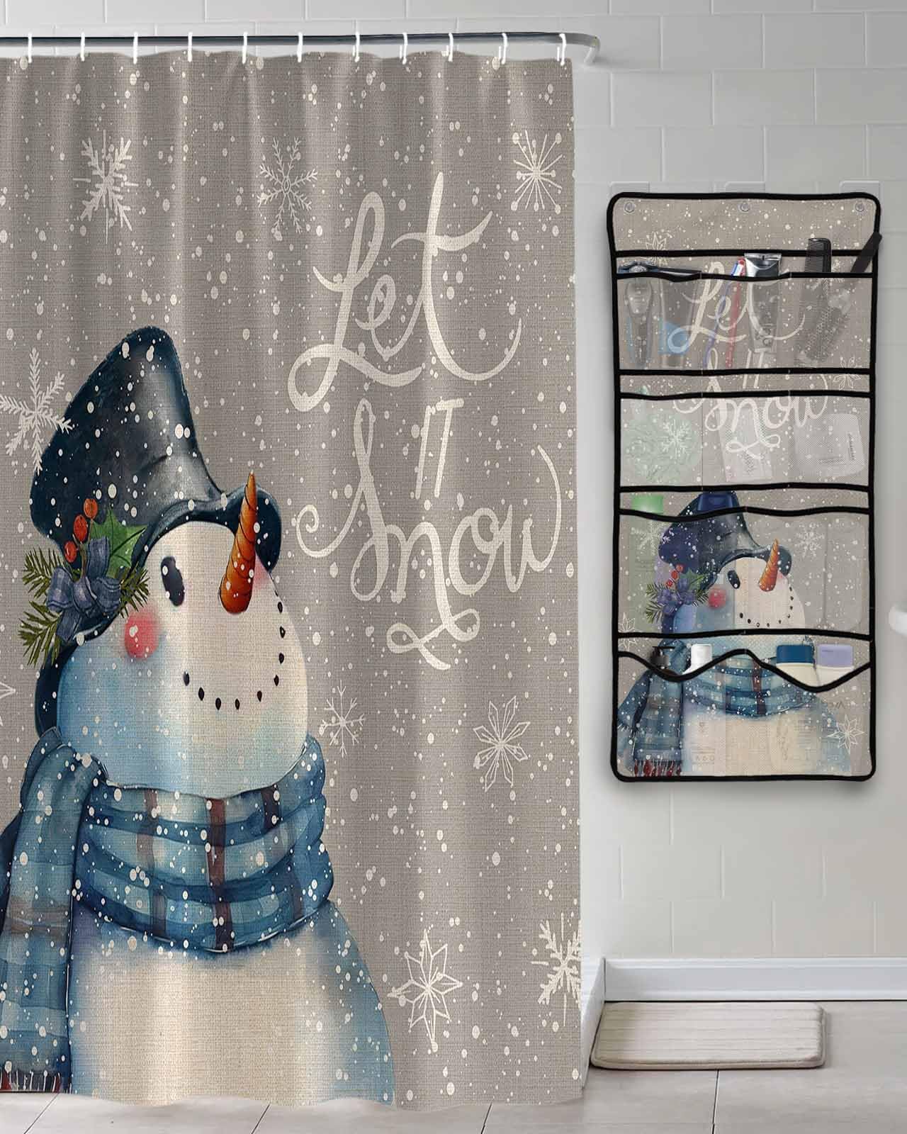 Shower Curtain Mesh Shower Organizer Hanging Set Christmas Snowman Snowflake Grey Cotton and Linen Waterproof Shower Curtains with