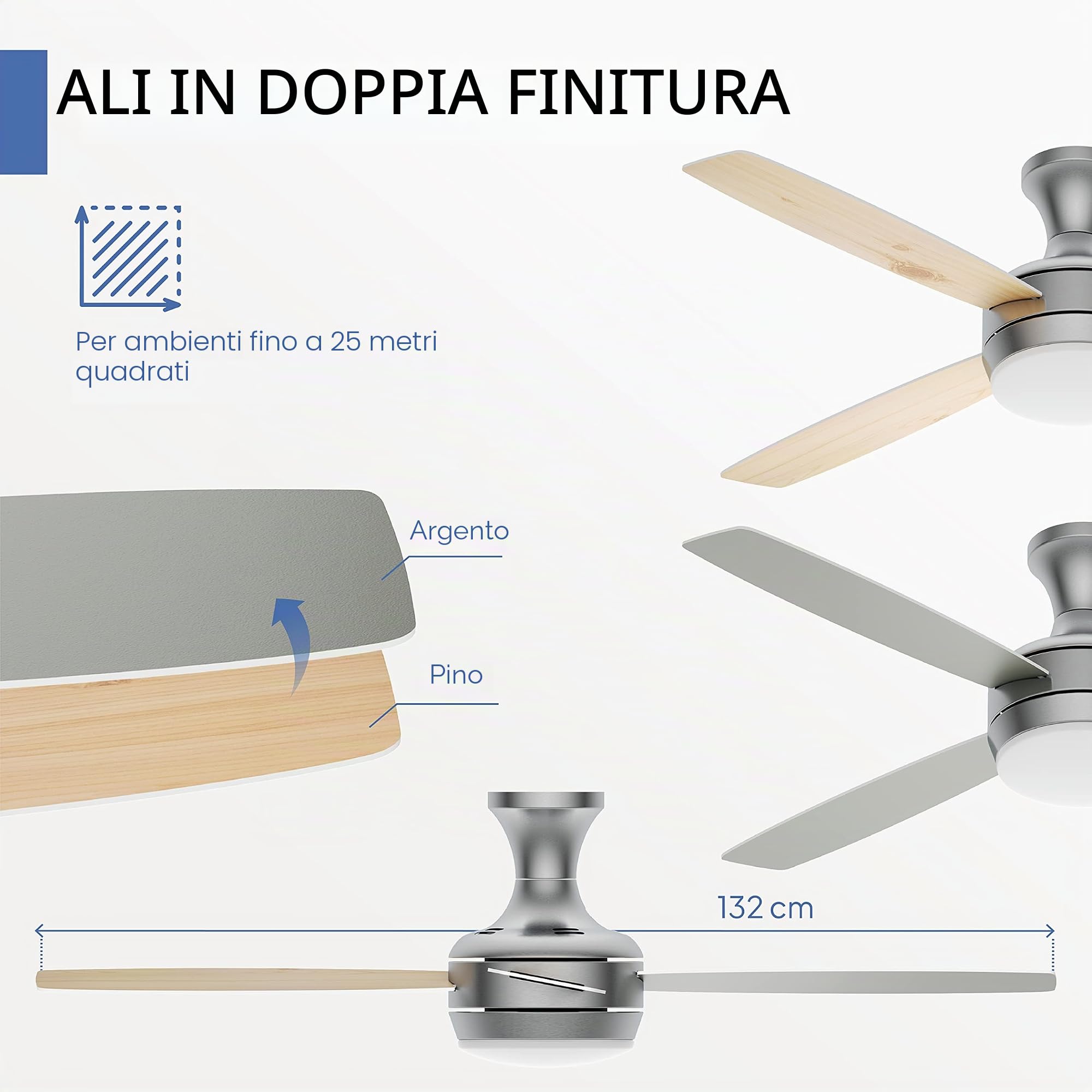 AireRyder - Ventilatore da soffitto Saturn con illuminazione e telecomando | Ventilatore silenzioso con illuminazione regolabile. Corpo in nichel satinato. ⌀132 cm.