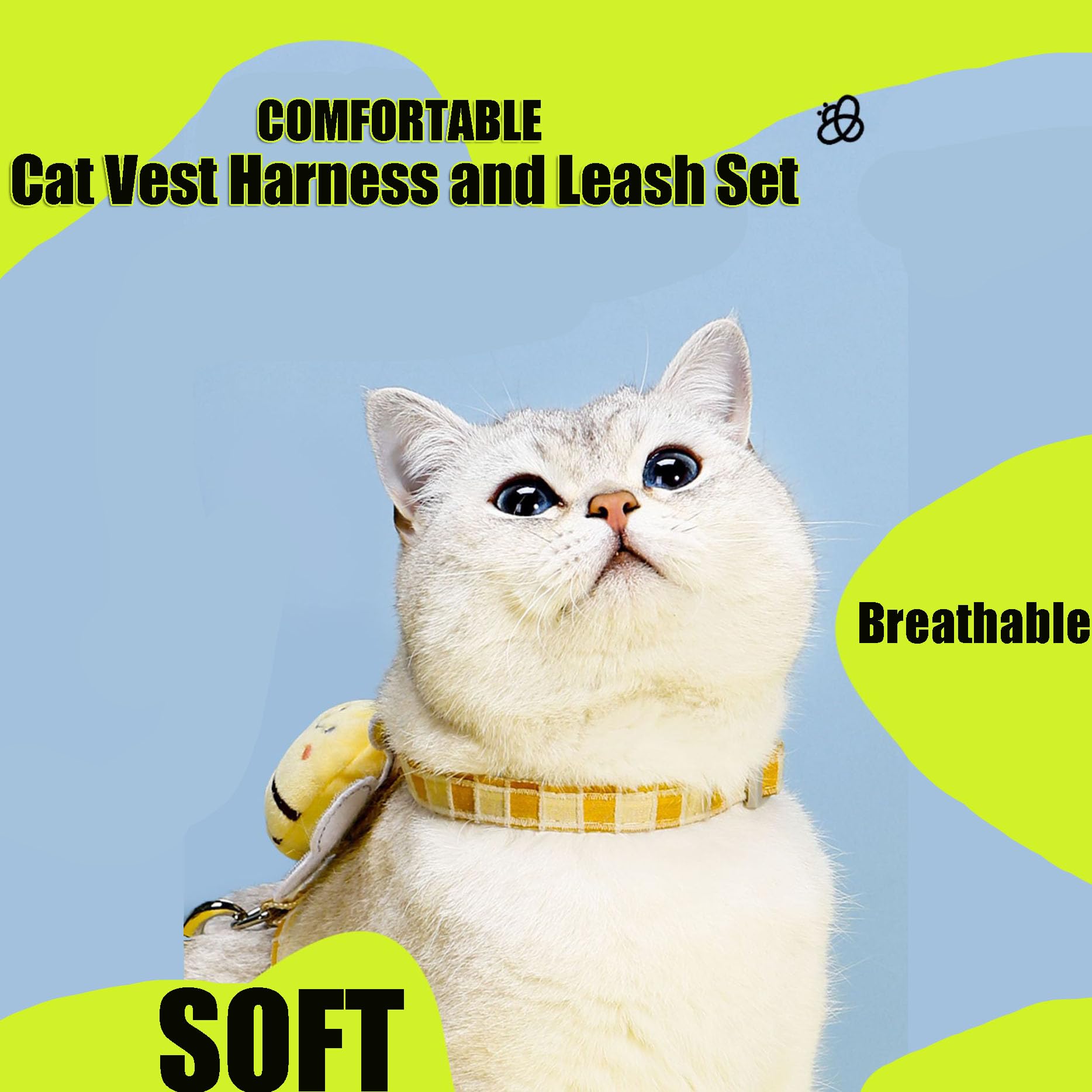Katzengeschirr und Leine, ausbruchsicher, verstellbares Kätzchengeschirr für große, kleine Katzen, niedliches Bienenkaro, leicht, weich, Petsafe (Gelb Karierte Biene, Größe M (für 3,2–7,5 kg))
