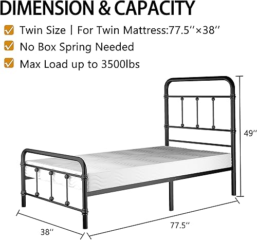 Macbimony Giselle - Base de cama Queen con cabecero de metal antiguo vintage, base de colchón de plataforma, 49 pulgadas de alto, no necesita somier