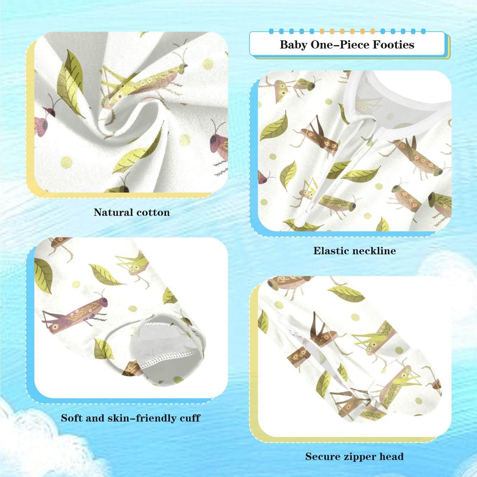 Dussdil Grasshopper Leaves Baby One-Piece Footies Newborn Rompers Pajamas Cotton Footed Pjs for Sleep Play Boys Girls 18 Month