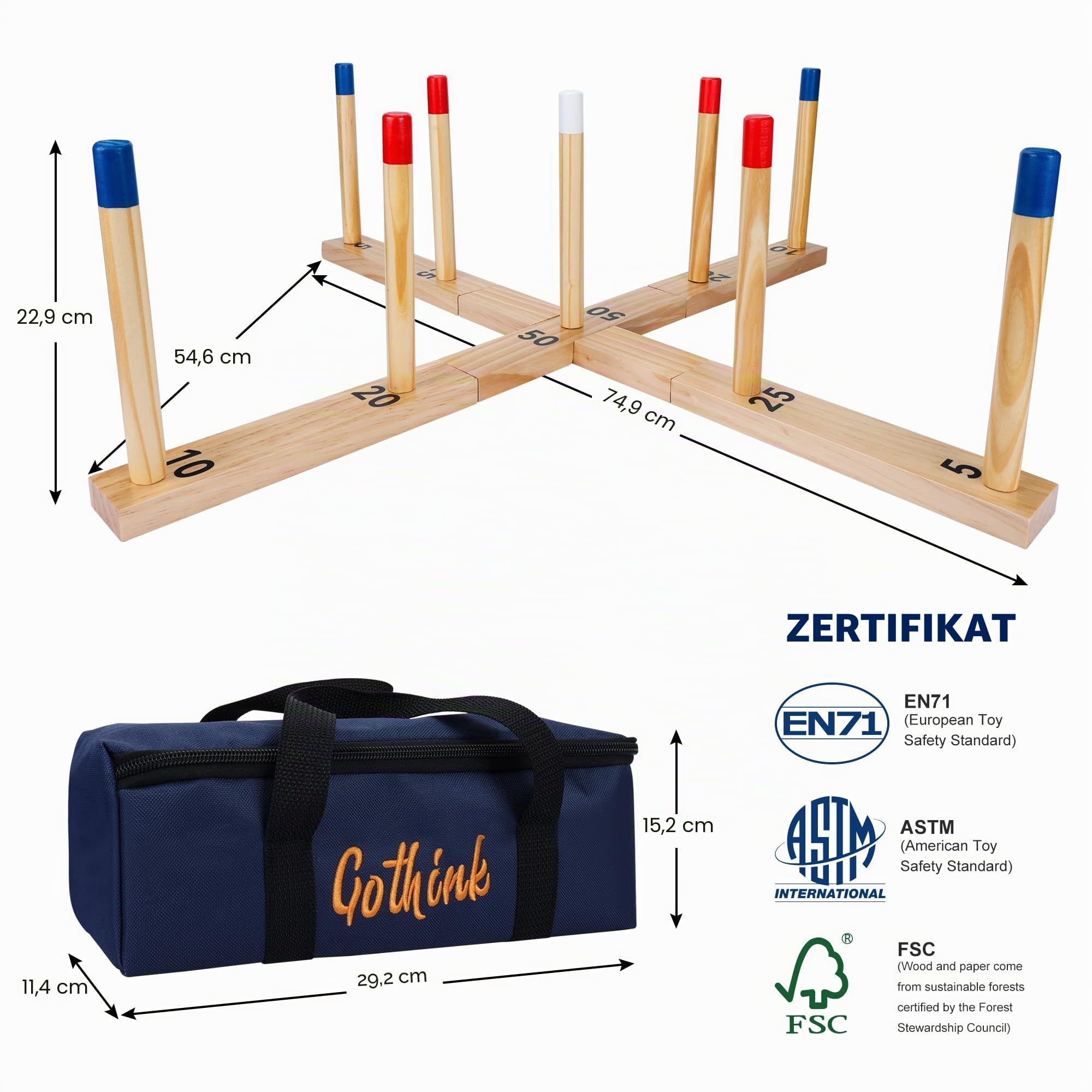 Extra großes Ringwurfspiel für Erwachsene und Kinder, 76,2 cm, Holzringwurfspiel, Outdoor-Spaß mit 9 Stangen, 10 Ringen und Tragetasche, einfach aufzubauen und kompakt zu tragen, tragbare Hofspiele
