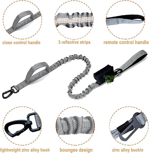 Miniatura 2 de Correa elástica para perro con dispensador de bolsas de basura para perros, correa táctica sin tirones para absorción de impactos, con 2 asas de