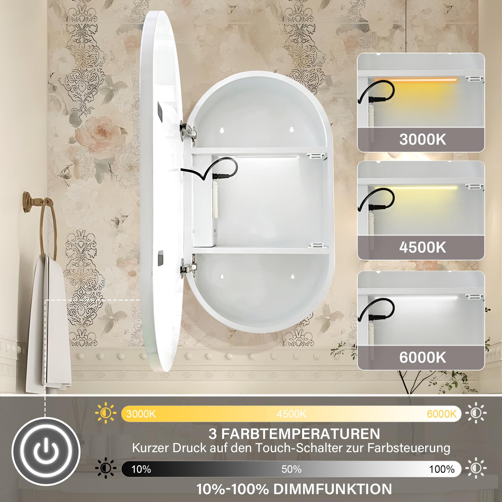 41cm×71cm Oval Spiegelschrank Bad mit Beleuchtung,LED-Spiegelschrank für das Badezimmer,3 Farbtemperaturen & Helligkeit einstellbar,Rasierdose mit USB-Anschluss,Innenbeleuchtung,Weiß