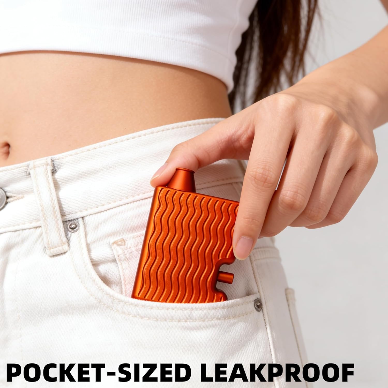 Pepper Shaker Powder Dispenser | Aviation-Grade Aluminum Alloy | One-Button Operation | Magnetic Loading Door | Leak-Proof Discreet Wave-Textured Design | Pocket-Sized (Matte Orange)