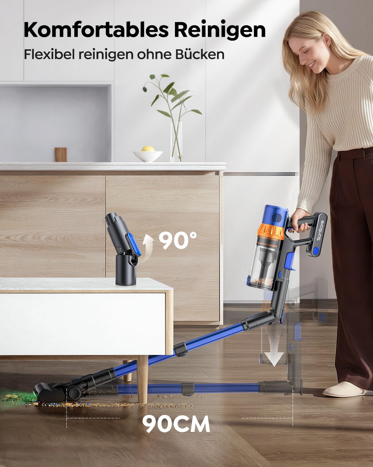 SunSare Akku Staubsauger Kabellos 600W/50000Pa/65Min, Akkustaubsauger mit 1M Schlauch, Aromafunktion, Flexibles Biegegelenk, Wandladehalterung, Automatikmodus für Hartböden Teppiche Tierhaare