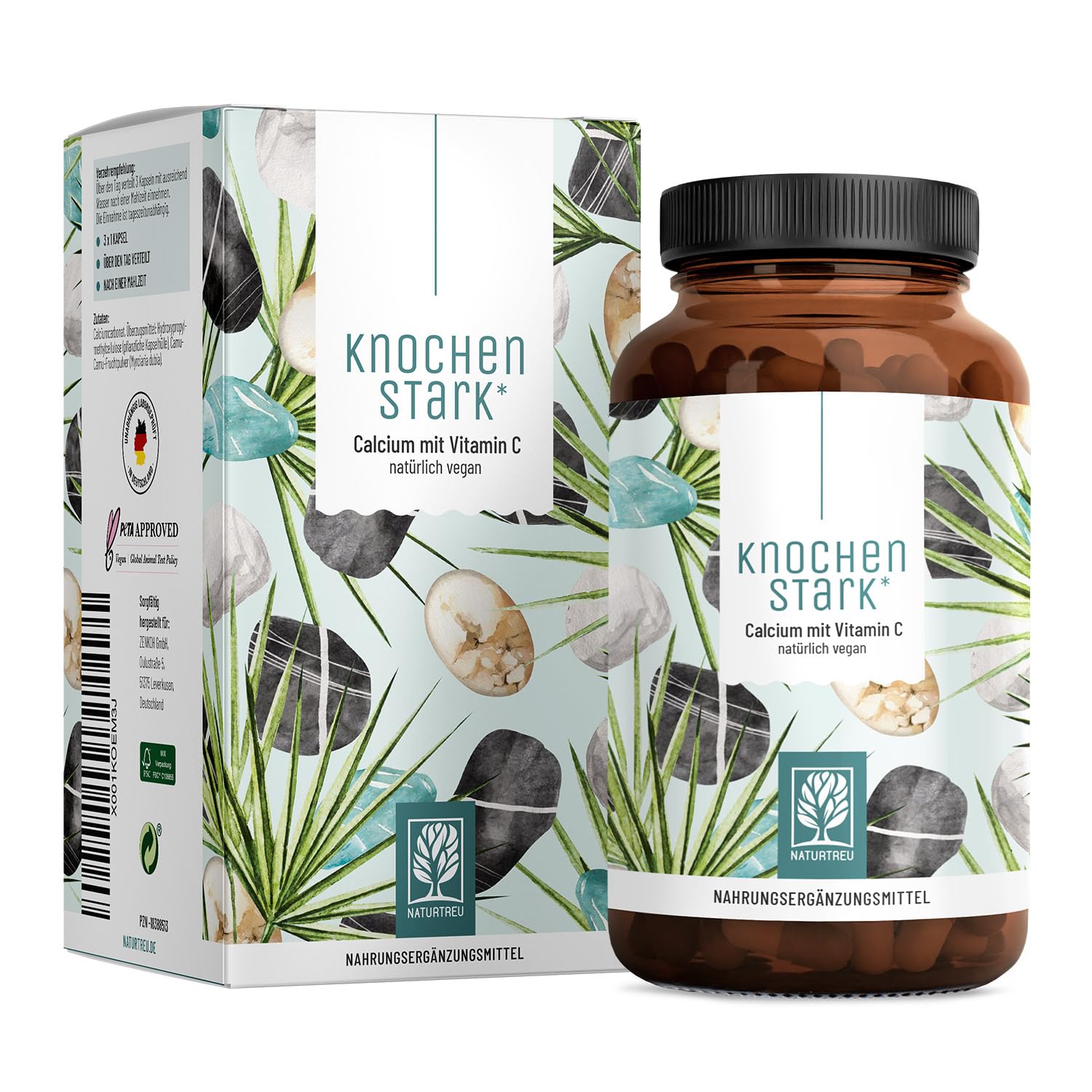 NATURTREU Calcium hochdosiert mit Vitamin C vegan – Knochenstark Komplex, 120 Kapseln