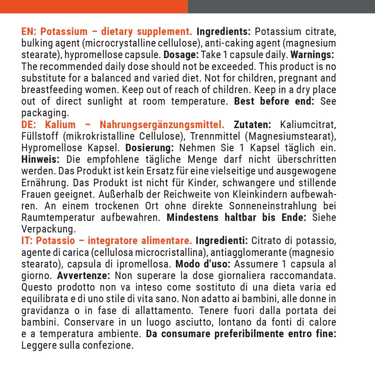 GymBeam Integratore di Potassio 60 cps, 300mg per Capsula, Citrato di Potassio per Funzionalità Mentali Ottimali e Normali Livelli di Pressione Sanguigna, Favorisce la Funzionalità Muscolare
