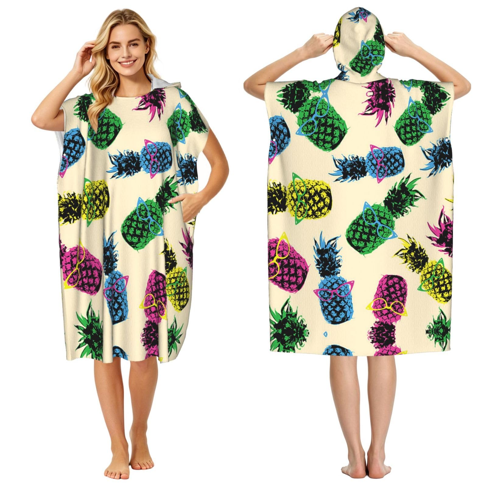 EZDLOWVBA Pineapple Print Hooded Poncho Microfiber Beach Towel,Adult Women & Men Changing Robe,Lightweight Summer Surf Swim Bath Poncho Towel