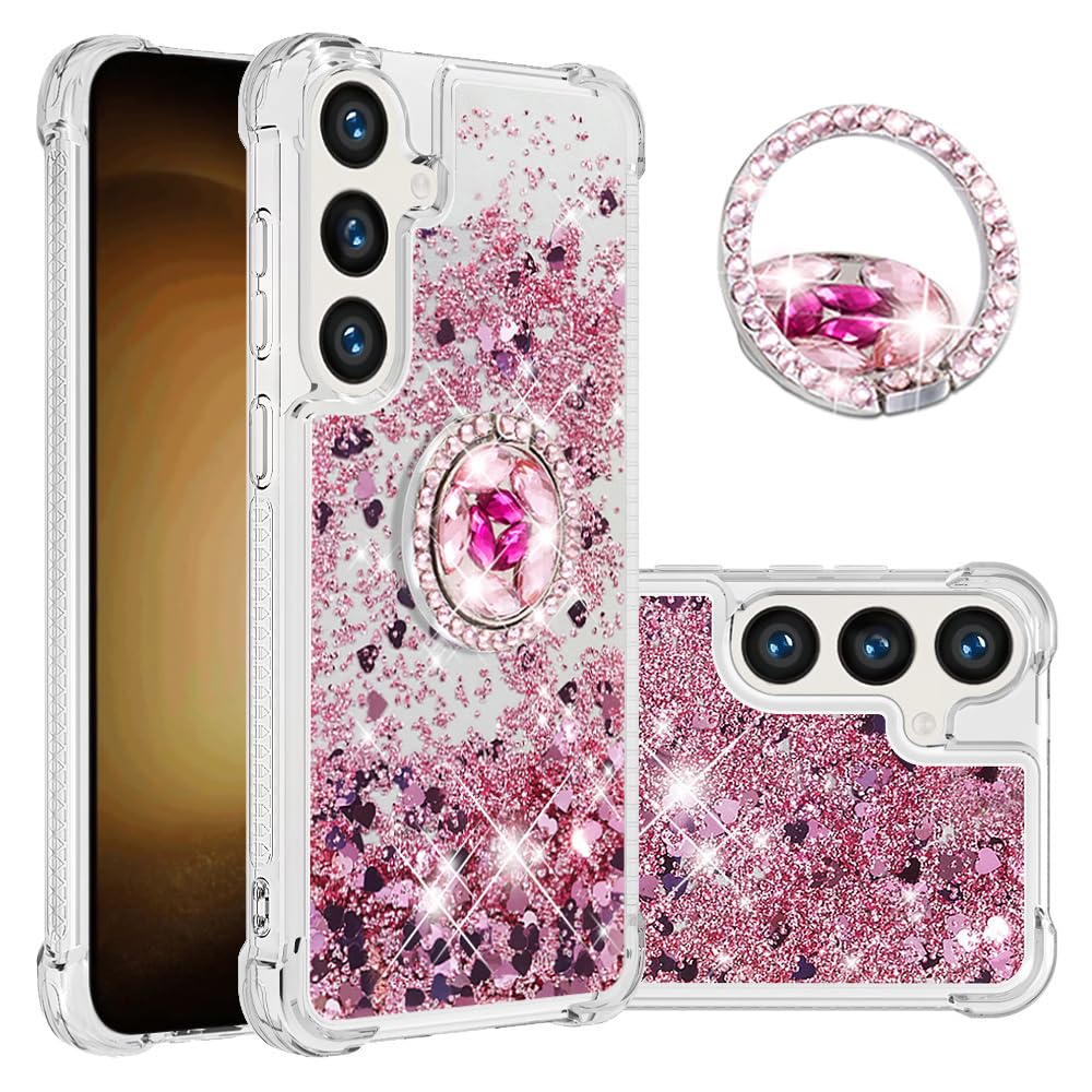 MEMAXELUS Case for Samsung Galaxy S25 5G Case with Diamond Ring Stand, Sparkly Flowing Liquid Quicksand Cover Shockproof Drop Protection Kickstand