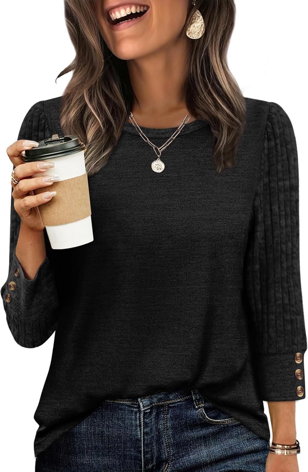 WIHOLL Long Sleeve Shirts for Women Lightweight Sweaters 3/4 Length Sleeve Fall Outfits 2025 Winter Clothing Dressy Casual 03-black Medium