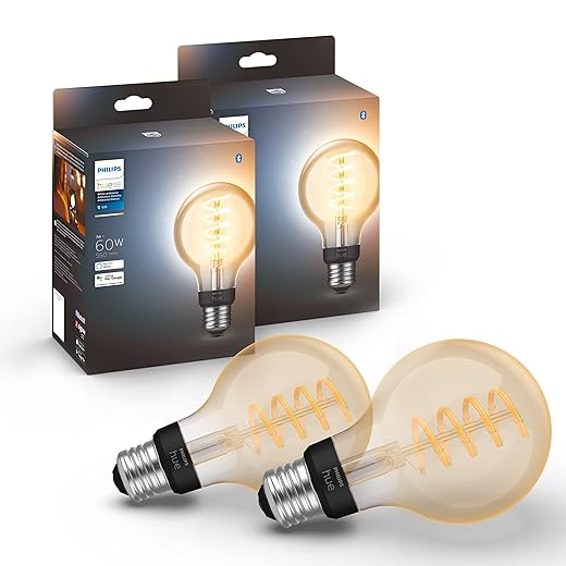 Philips Hue Smart 60W G25 Filament LED Bulb - White Ambiance Warm-to-Cool White Light - 2 Pack - 550LM - E26 - Indoor - Control with Hue App - Works with Alexa, Google Assistant and Apple Homekit