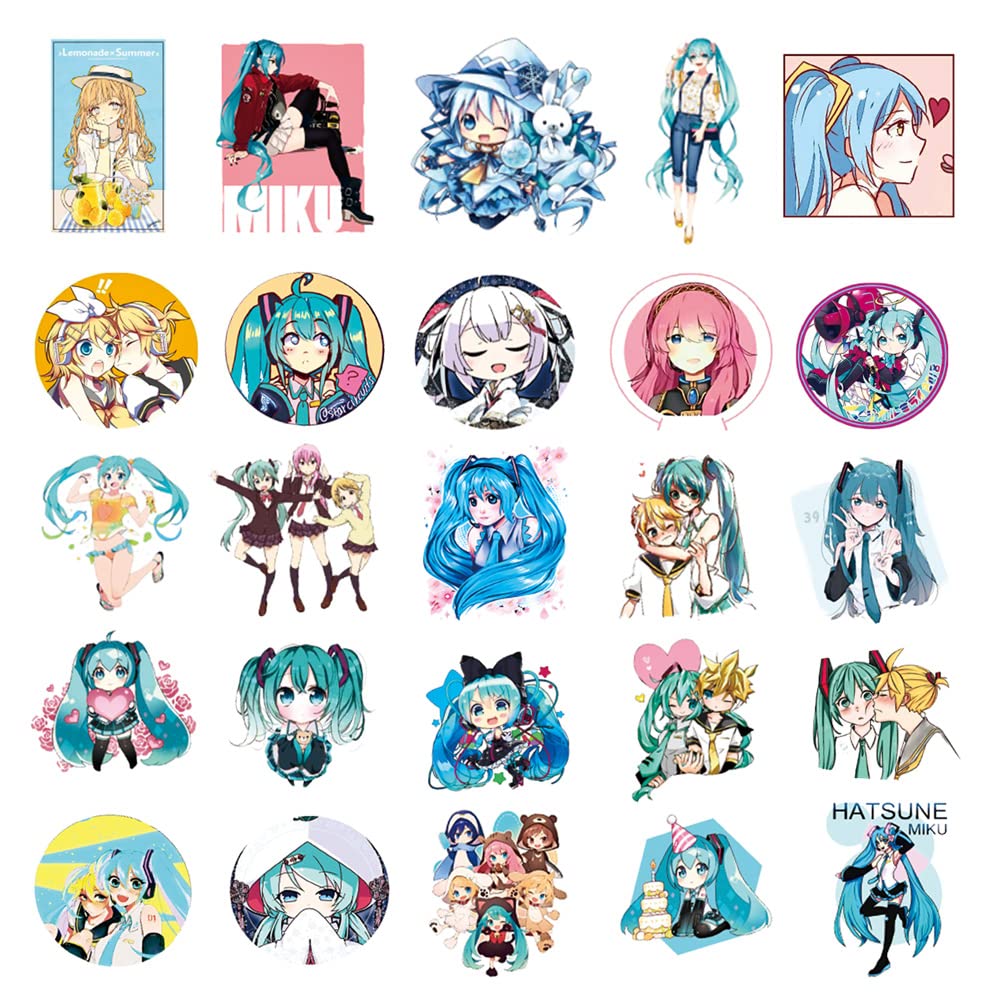 Hatsune Miku Lot de 50 autocollants pour bouteille d'eau, étui de téléphone portable, vélo, casque de protection en vinyle chanteuse virtuelle fille autocollants pour enfants et adolescents