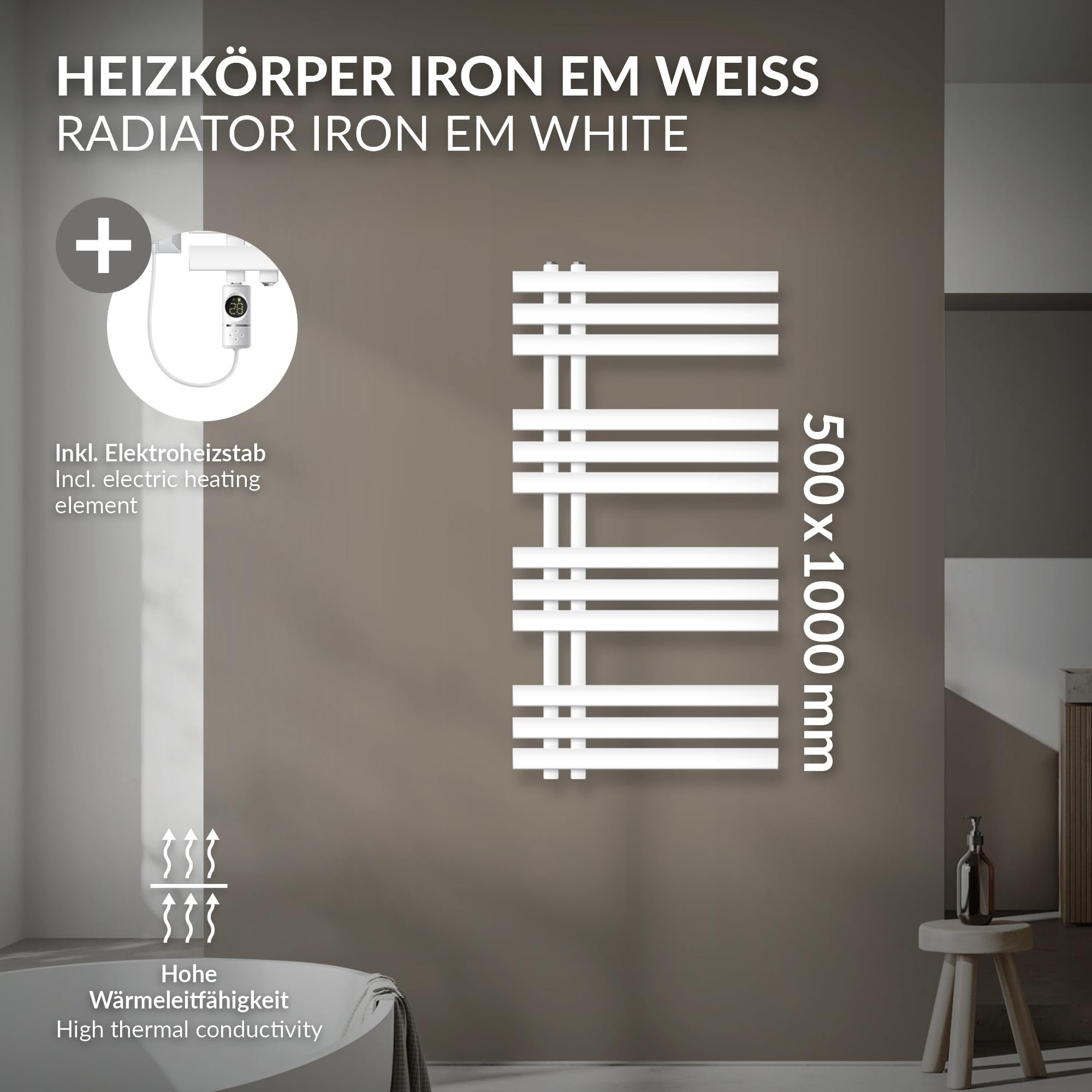 LuxeBath Radiador Eléctrico Iron EM 500 x 1000 mm Blanco, Estufa Toallera Vertical con Elemento Calefactor 300W Termostato de Pantalla Digital, Calentador de Pared de Diseño Moderno para Baño