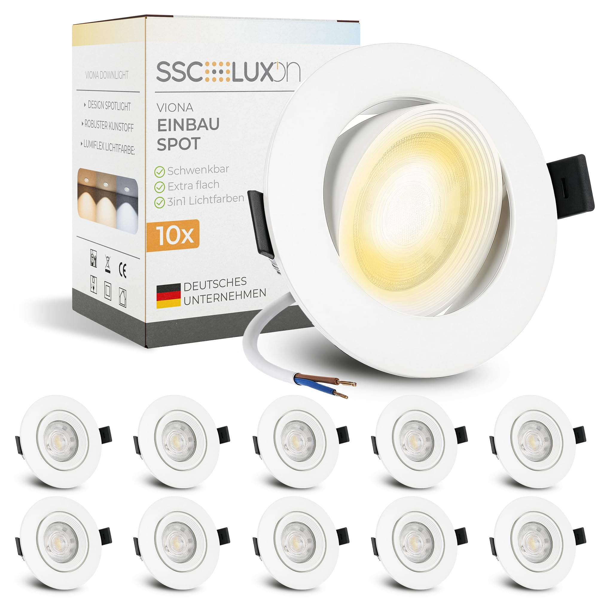 SSC-LUXon 10 Stück VIONA LED Mini Einbauspot flach weiß schwenkbar – Einbaustrahler Decke warmweiß, neutralweiß, kaltweiß
