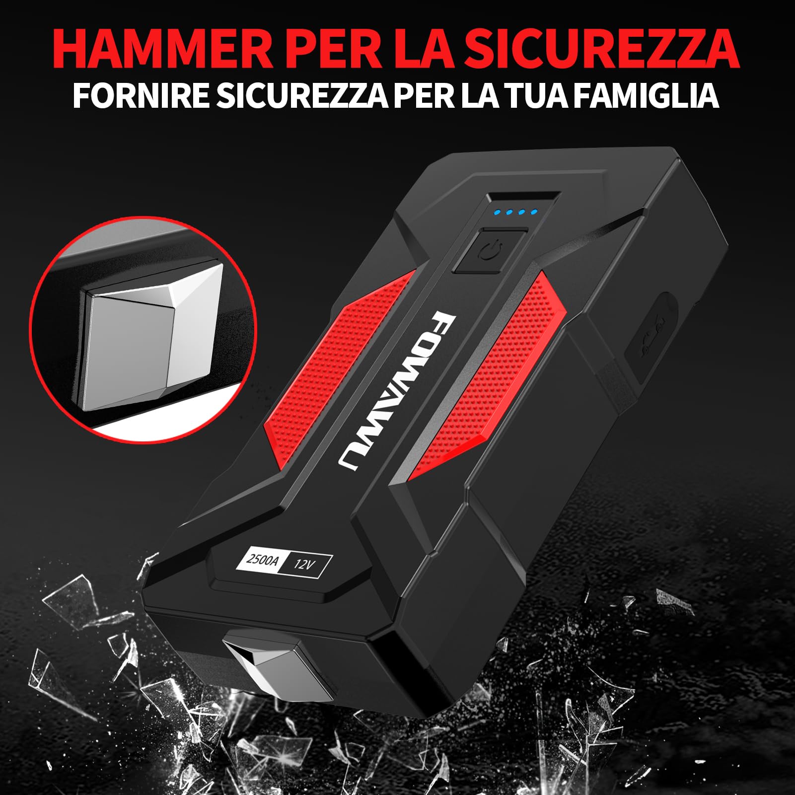 FOWAWU Avviatore Batteria Auto 6000A 24800mAh, Auto/Moto(Motori Fino a 9,5 L Gas o 7,5 L Diesel), Avviatore di Emergenza per con Smart-Clip, Torcia a LED, USB 3,0