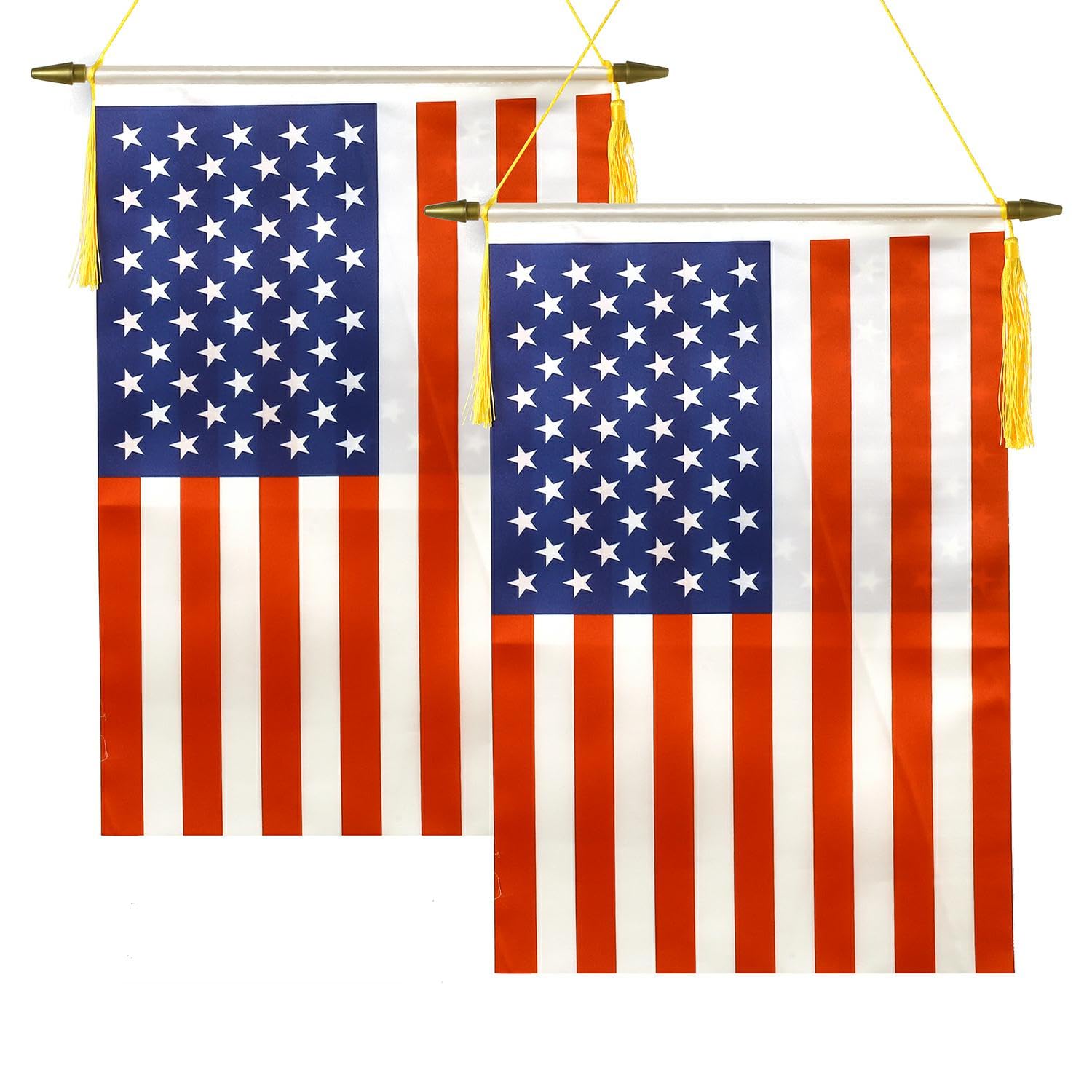 CANTENDO 2 Pack American Wall Flags Banner, USA Hanging Flag with Wooden Hanging Pole and Satin Finish - for School Classroom Club Home Door