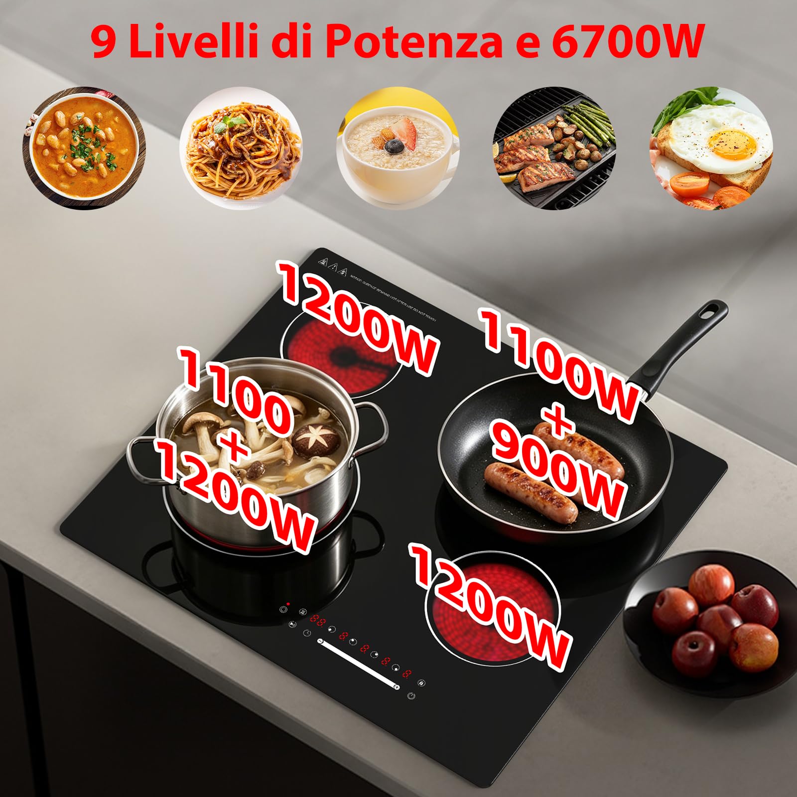 Piano Cottura in Vetroceramica 60 cm, 4 Zone, 6700W, Comandi Touch, Timer, Blocco Bambini, Superficie in Vetro Nero, Compatibile con Tutte le Pentole, Collegamento Fisso