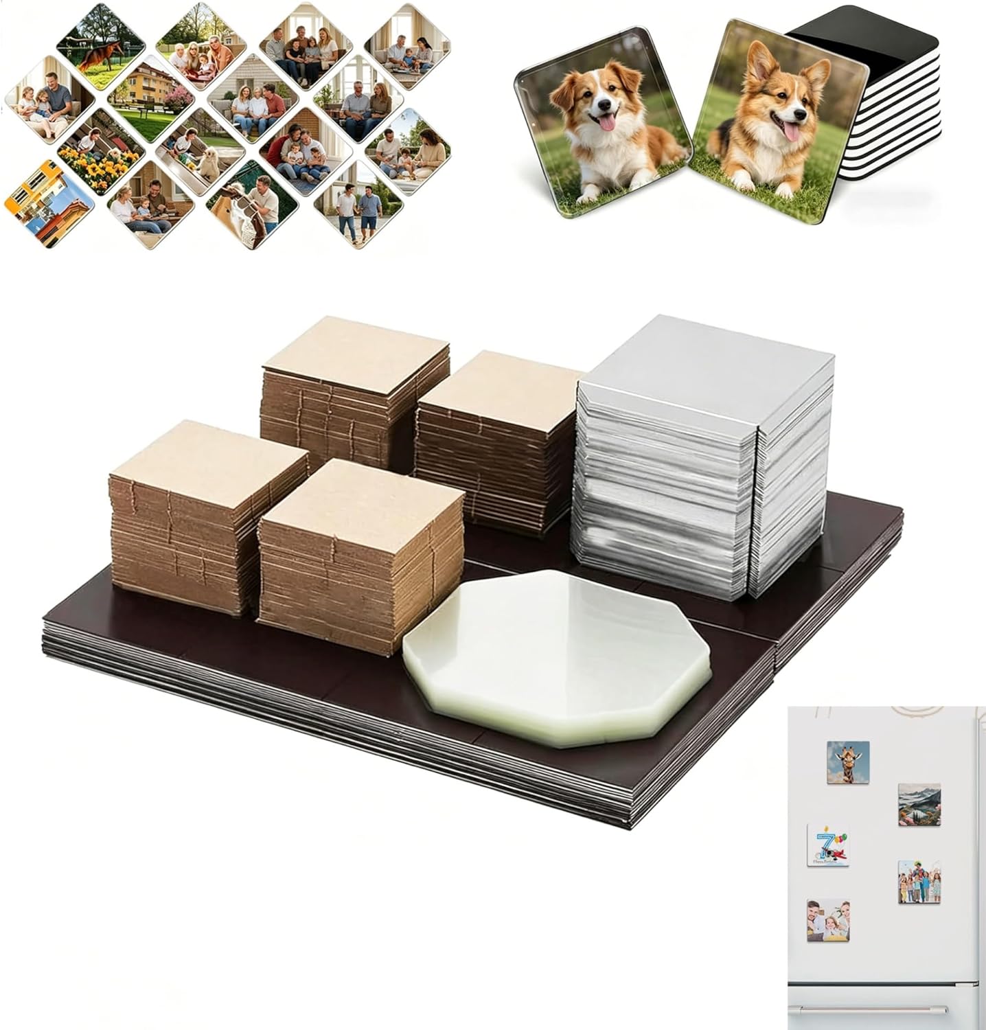 Fridge Magnets Kit Square, DIY Custom Photo Magnets Supplies, Magnet Making Kit for Refrigerator, Square Magnet Blanks with Cardboard Mylar & Magnetic Back(1000pcs,2 * 2in)